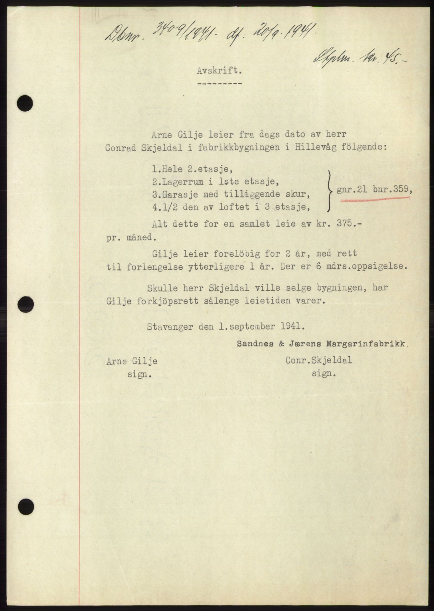 Jæren sorenskriveri, SAST/A-100310/03/G/Gba/L0081: Pantebok, 1941-1941, Dagboknr: 3409/1941