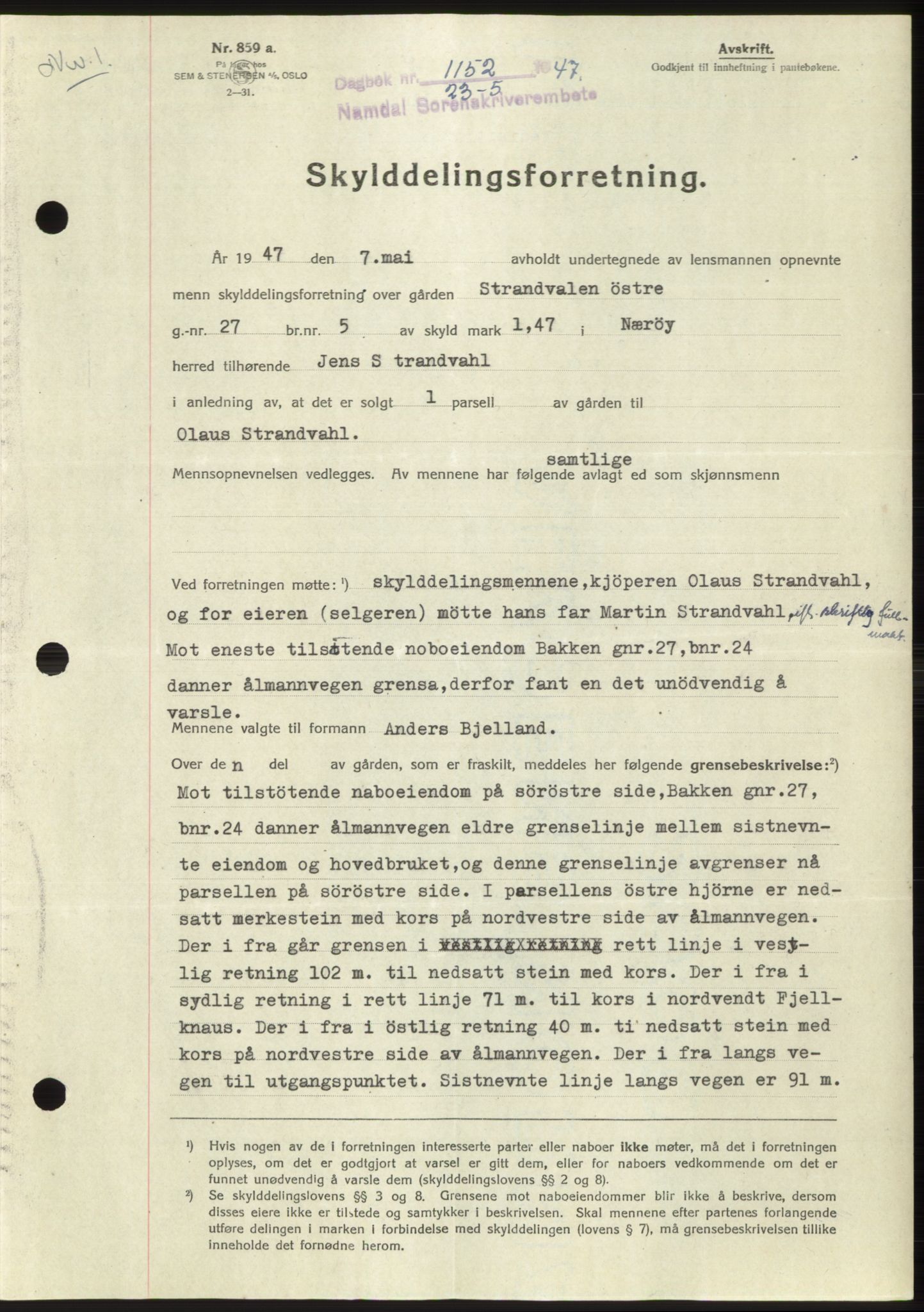 Namdal sorenskriveri, SAT/A-4133/1/2/2C: Pantebok nr. -, 1947-1947, Dagboknr: 1152/1947