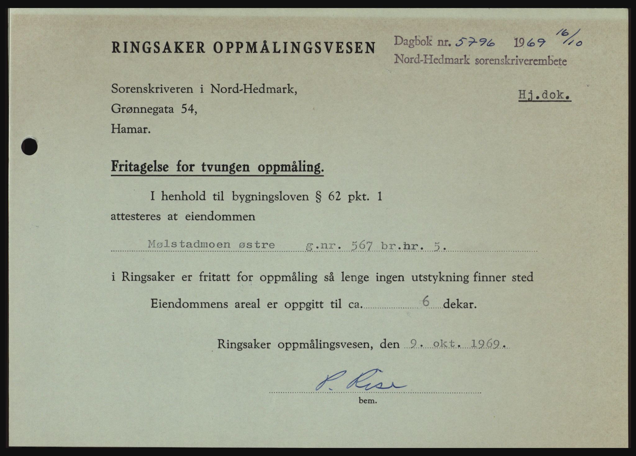 Nord-Hedmark sorenskriveri, SAH/TING-012/H/Hc/L0031: Pantebok nr. 31, 1969-1969, Dagboknr: 5796/1969