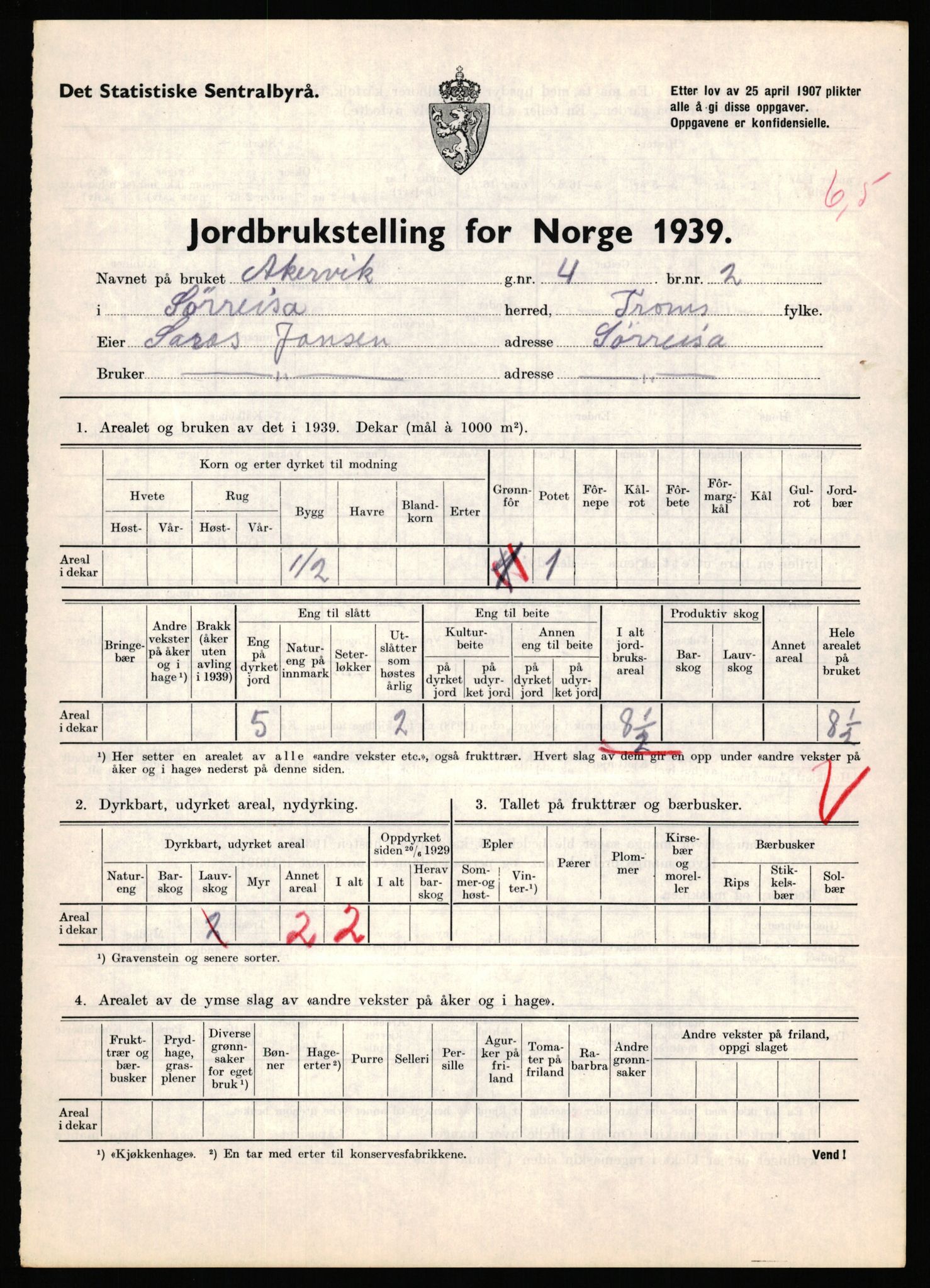 Statistisk sentralbyrå, Næringsøkonomiske emner, Jordbruk, skogbruk, jakt, fiske og fangst, AV/RA-S-2234/G/Gb/L0341: Troms: Sørreisa og Tranøy, 1939, s. 106