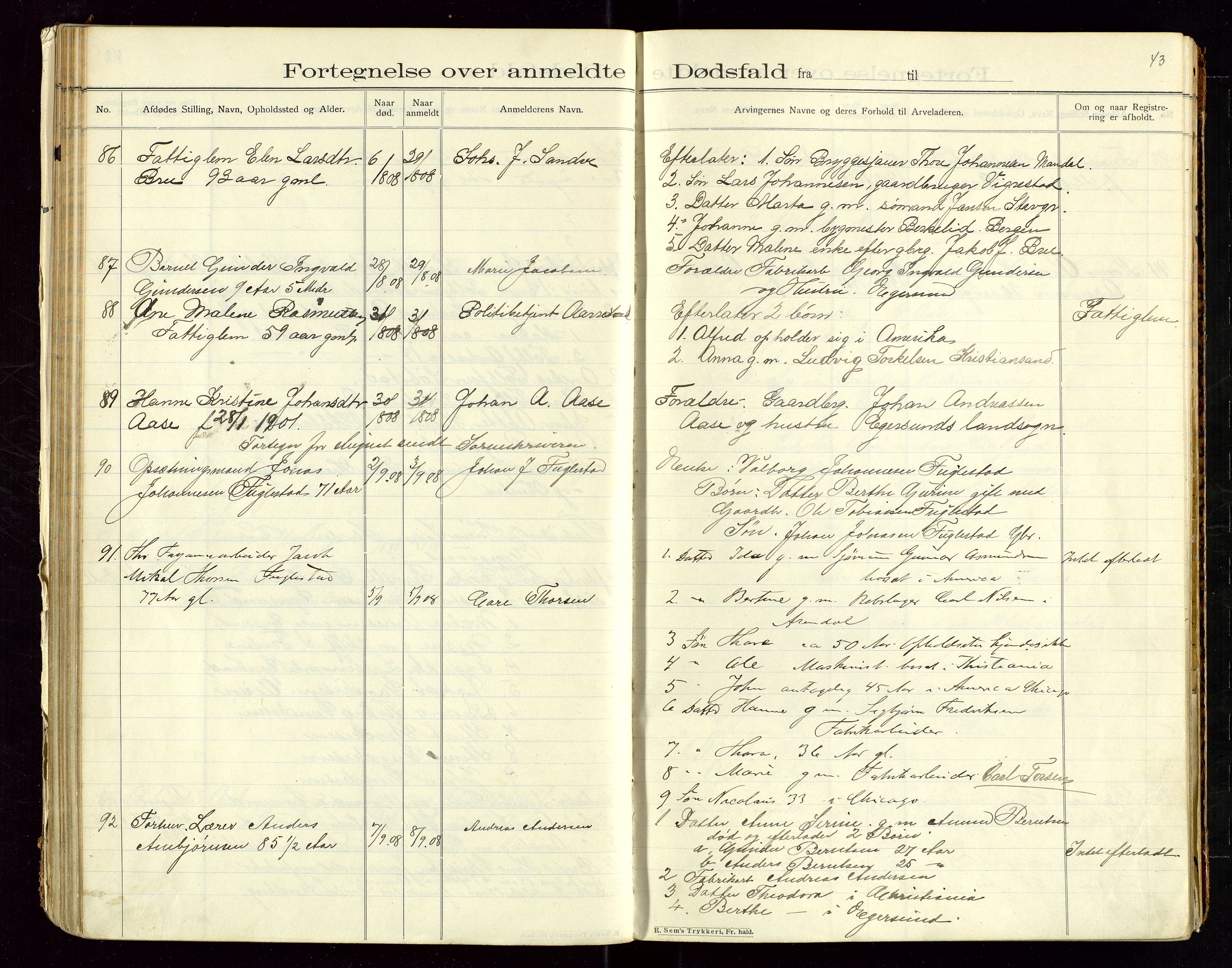 Eigersund lensmannskontor, AV/SAST-A-100171/Gga/L0005: "Dødsfalds-Protokol" m/alfabetisk navneregister, 1905-1913, s. 43