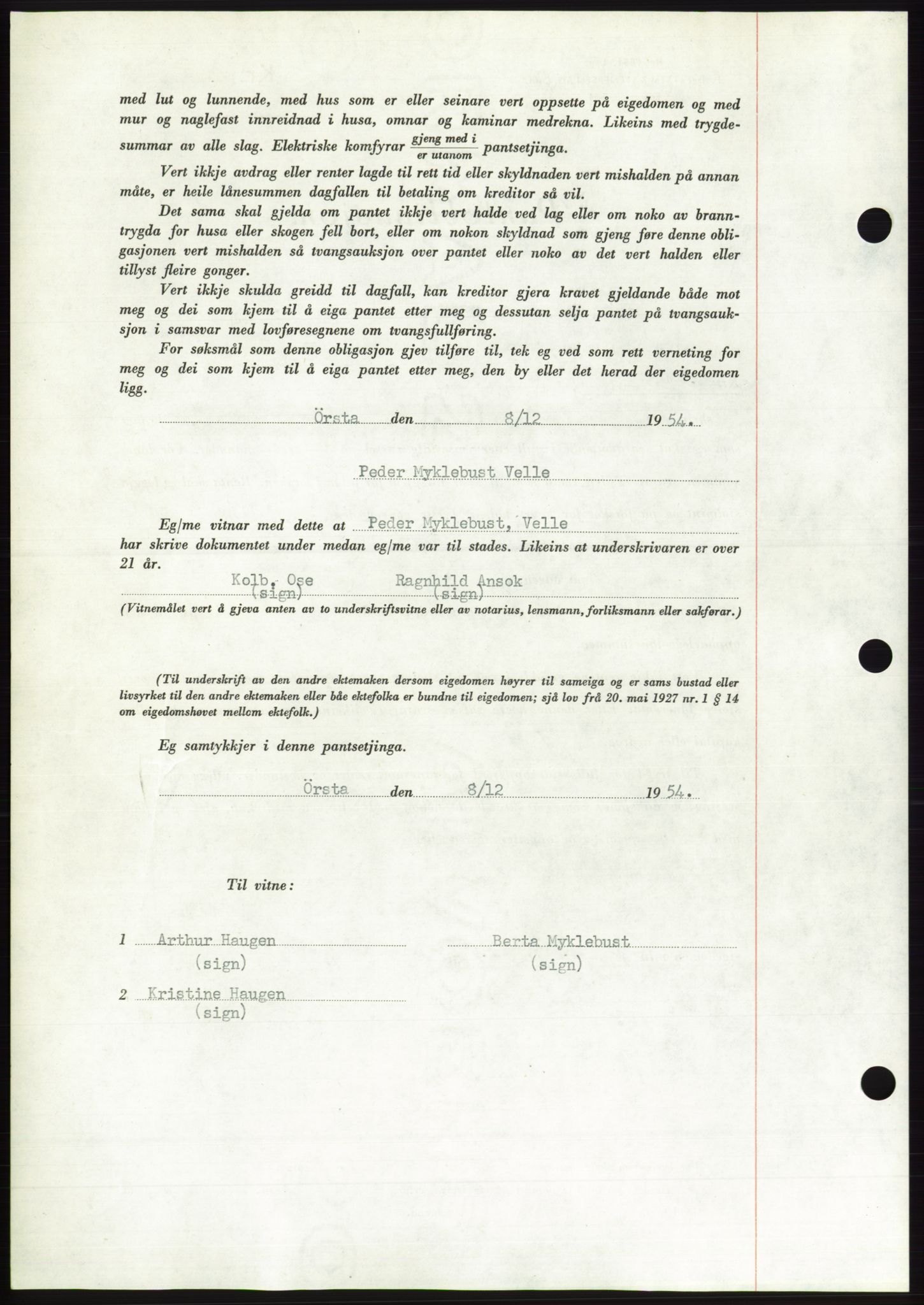 Søre Sunnmøre sorenskriveri, AV/SAT-A-4122/1/2/2C/L0126: Pantebok nr. 14B, 1954-1955, Dagboknr: 3239/1954