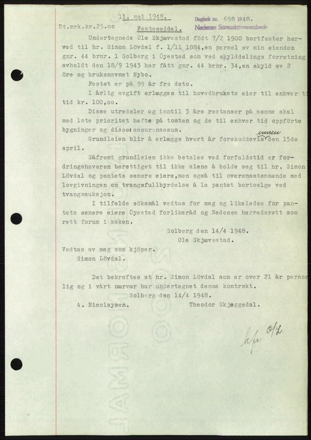 Nedenes sorenskriveri, AV/SAK-1221-0006/G/Gb/Gba/L0059: Pantebok nr. A11, 1948-1948, Dagboknr: 698/1948