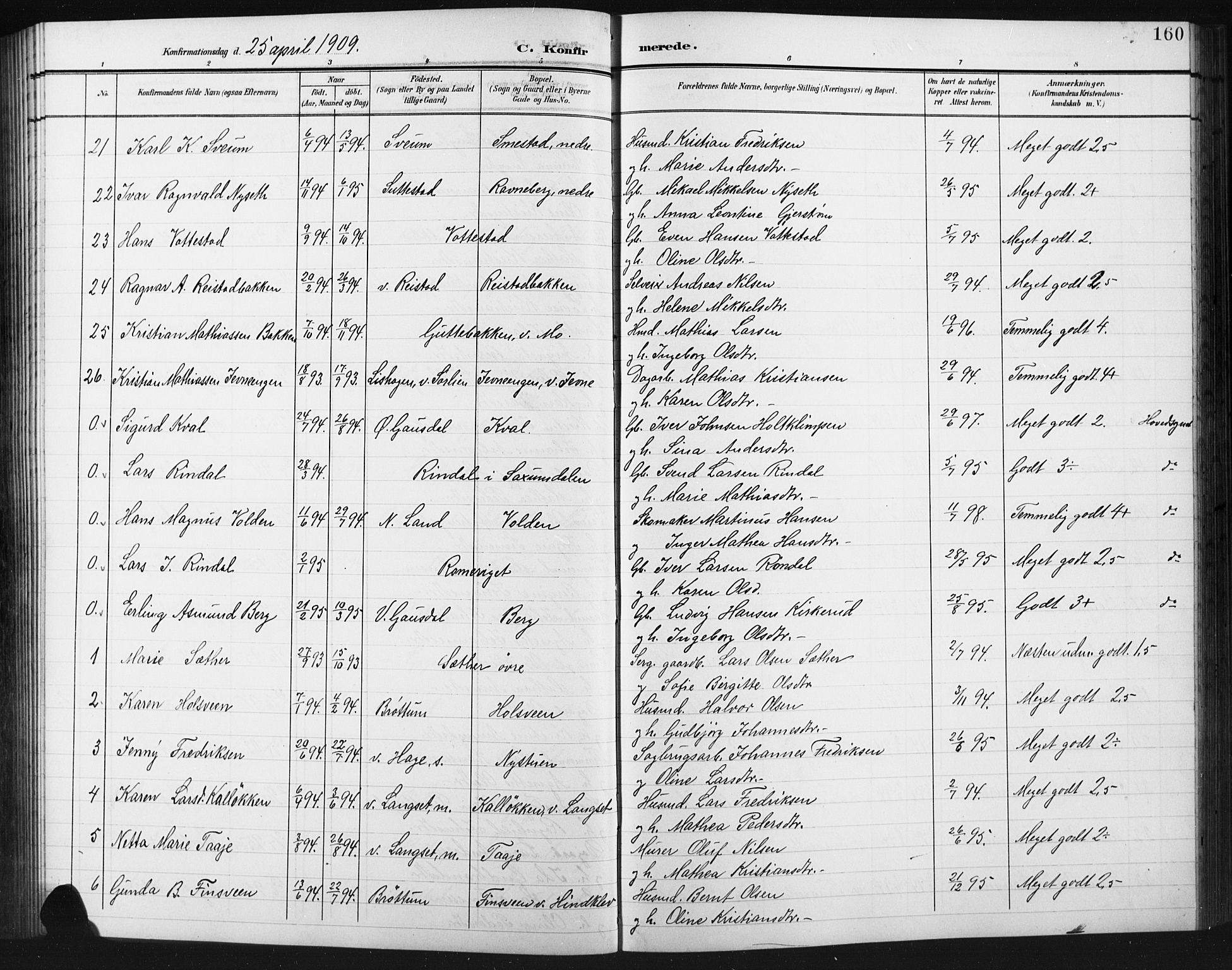 Fåberg prestekontor, AV/SAH-PREST-086/H/Ha/Hab/L0012: Klokkerbok nr. 12, 1903-1924, s. 160