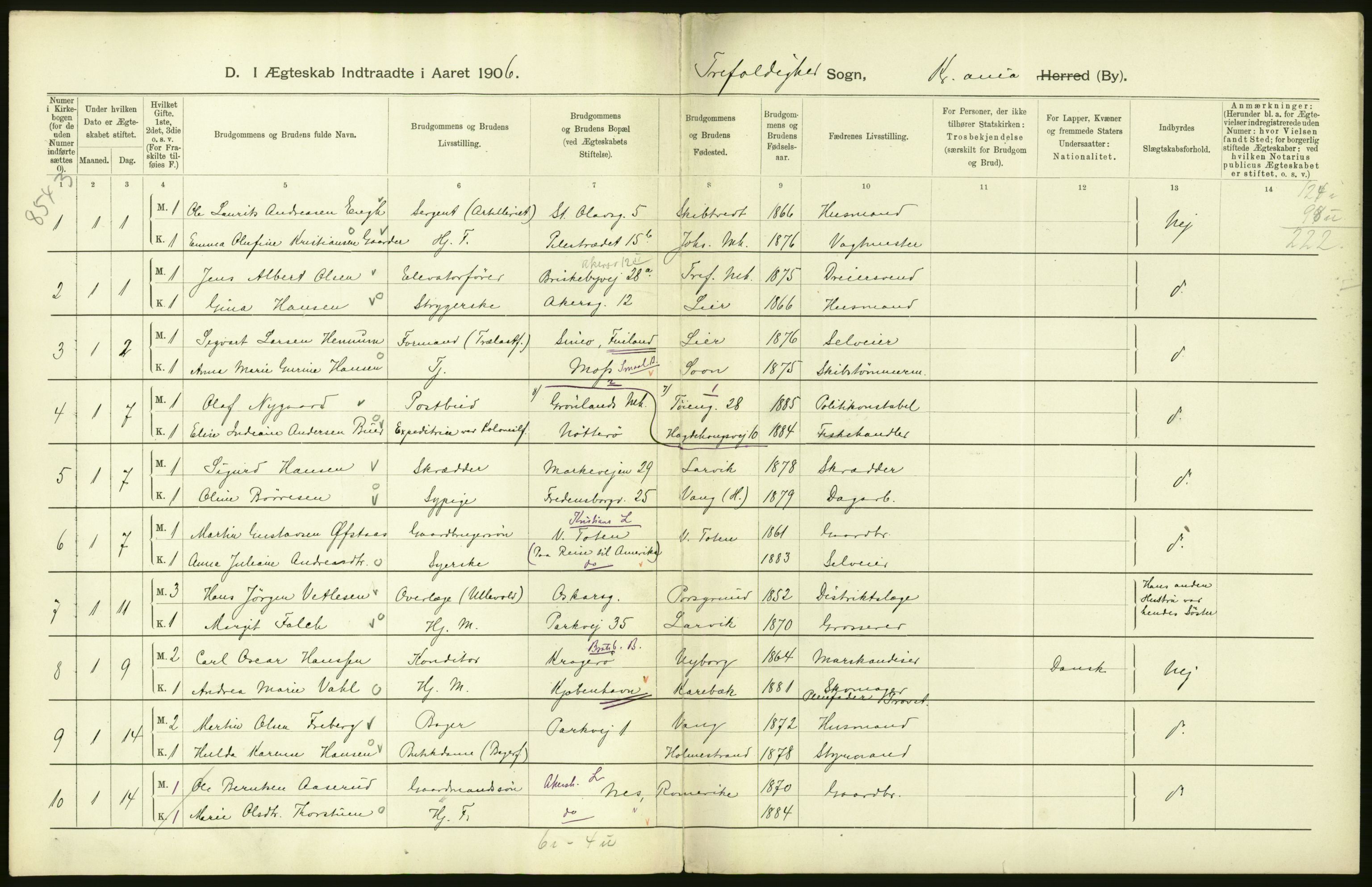 Statistisk sentralbyrå, Sosiodemografiske emner, Befolkning, AV/RA-S-2228/D/Df/Dfa/Dfad/L0008: Kristiania: Gifte, 1906, s. 68