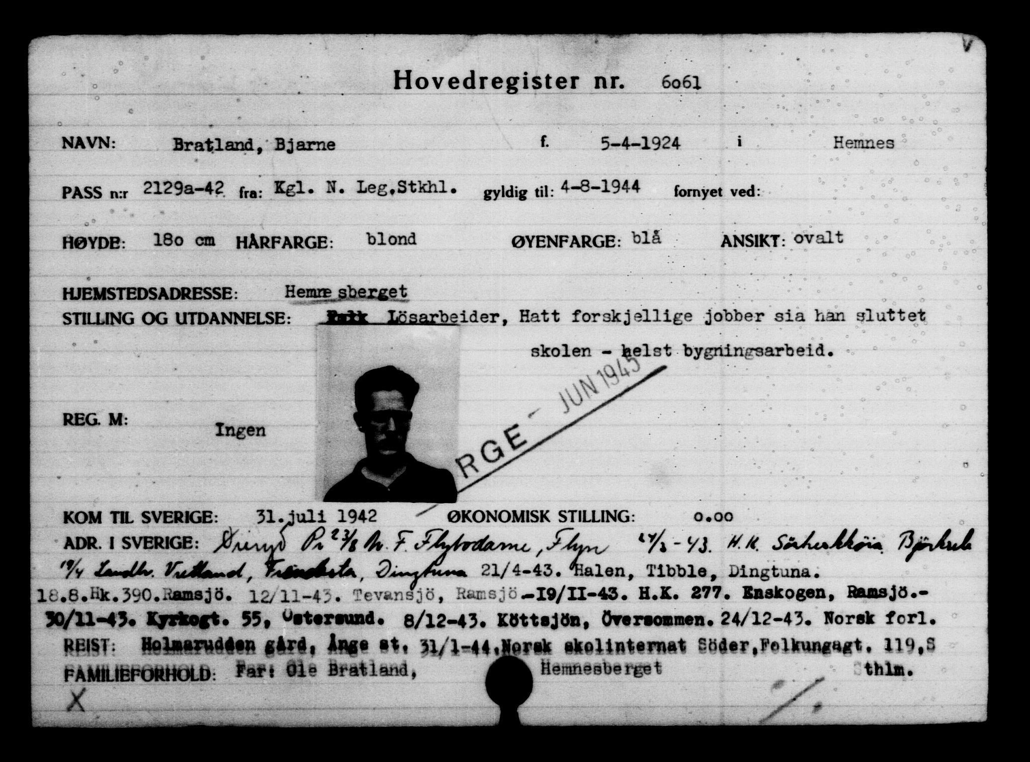 Utenriksstasjonene, Legasjonen i Stockholm, Flyktningkontoret, AV/RA-S-6753/V/Va/L0004: Kjesäterkartoteket, flyktninger med registreringsnr. 3496-6610, 1940-1945, s. 3003