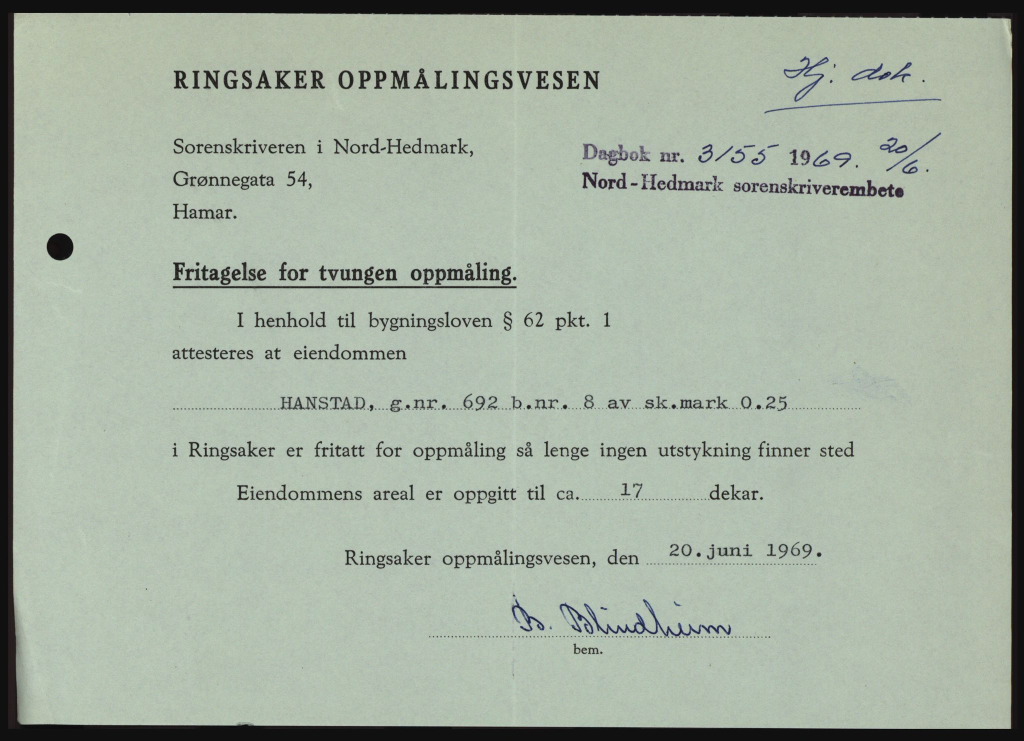 Nord-Hedmark sorenskriveri, SAH/TING-012/H/Hc/L0030: Pantebok nr. 30, 1969-1969, Dagboknr: 3155/1969