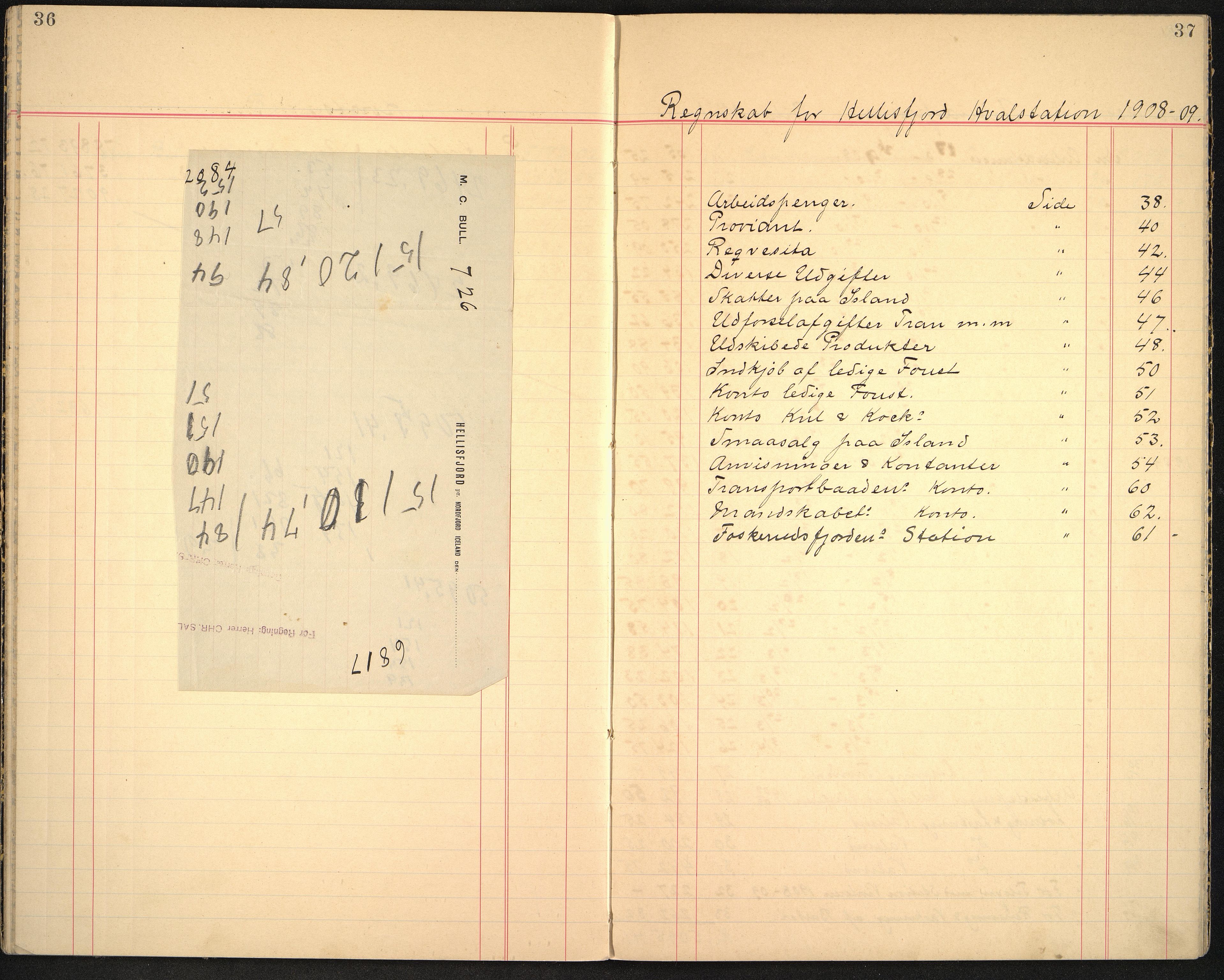 Bull, Marcus C. Hvalfangstbestyrer, VEMU/VFA-A-1013/R/Ra/L0003: Regnskap - Hellisfjord hvalstasjon, 1907-1909