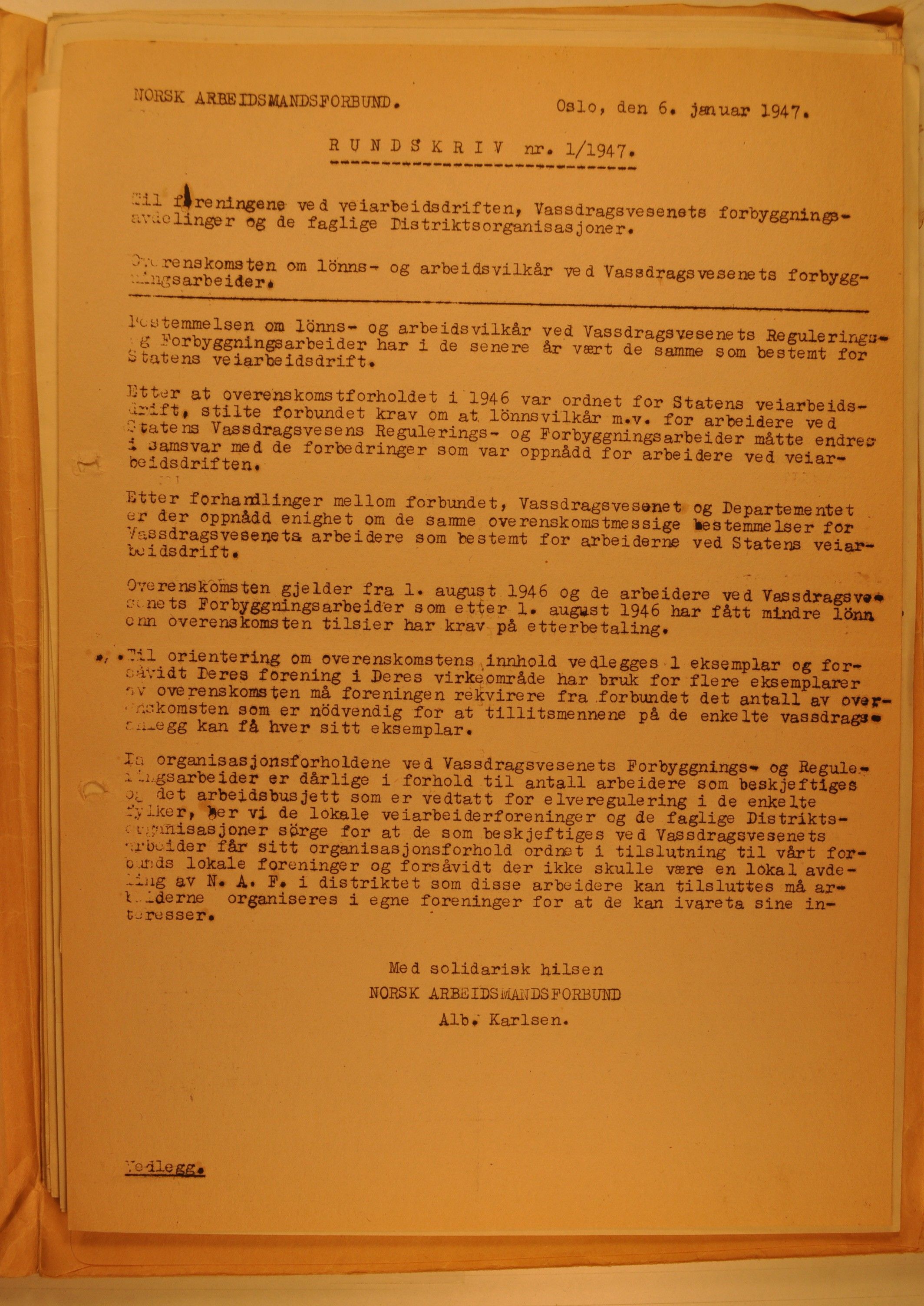 Hadeland Veiarbeiderforening, OARM/H-A-00304/D/Da/L0001/0015: Sakspapirer / Sakspapirer, 1947