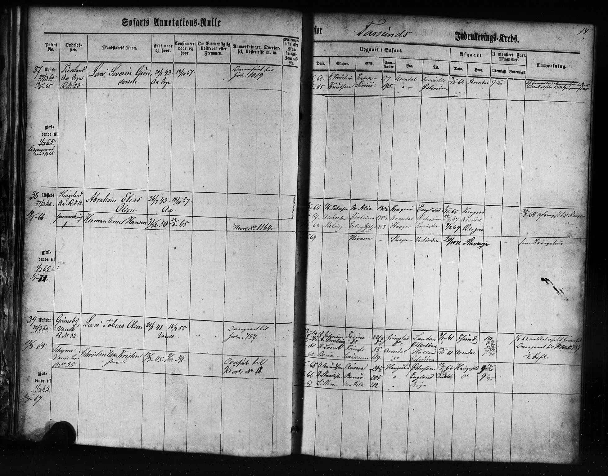 Farsund mønstringskrets, AV/SAK-2031-0017/F/Fa/L0004: Annotasjonsrulle nr 1-795 med register, Z-1, 1860-1865, s. 43