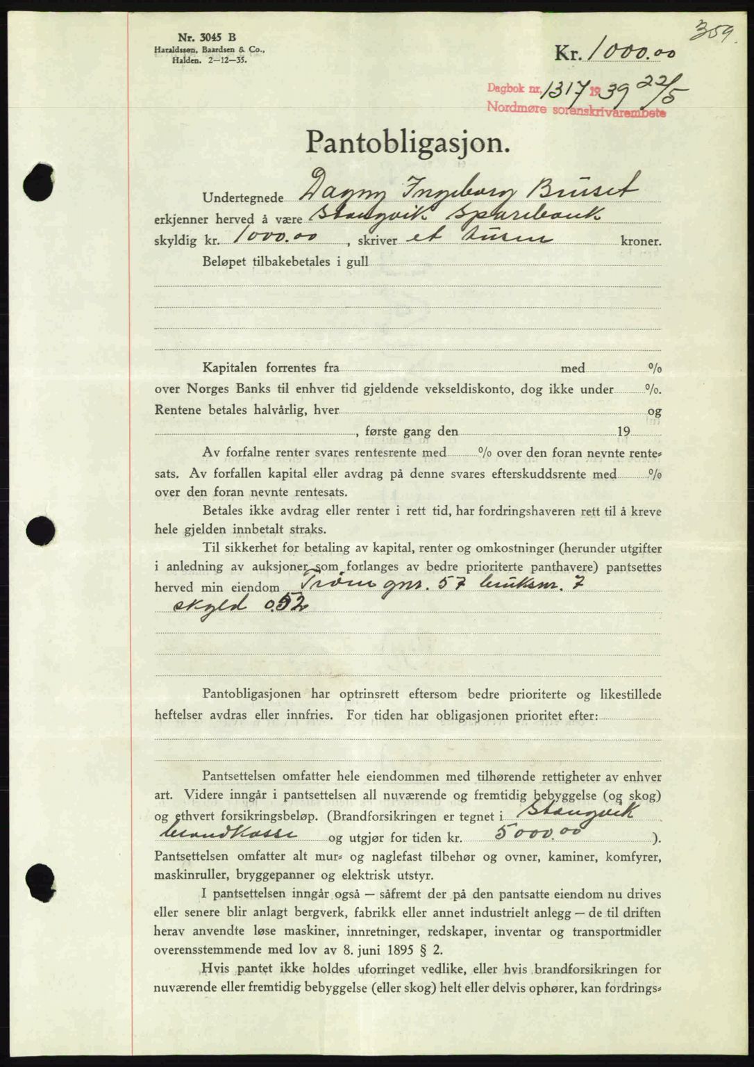 Nordmøre sorenskriveri, AV/SAT-A-4132/1/2/2Ca: Pantebok nr. B85, 1939-1939, Dagboknr: 1317/1939