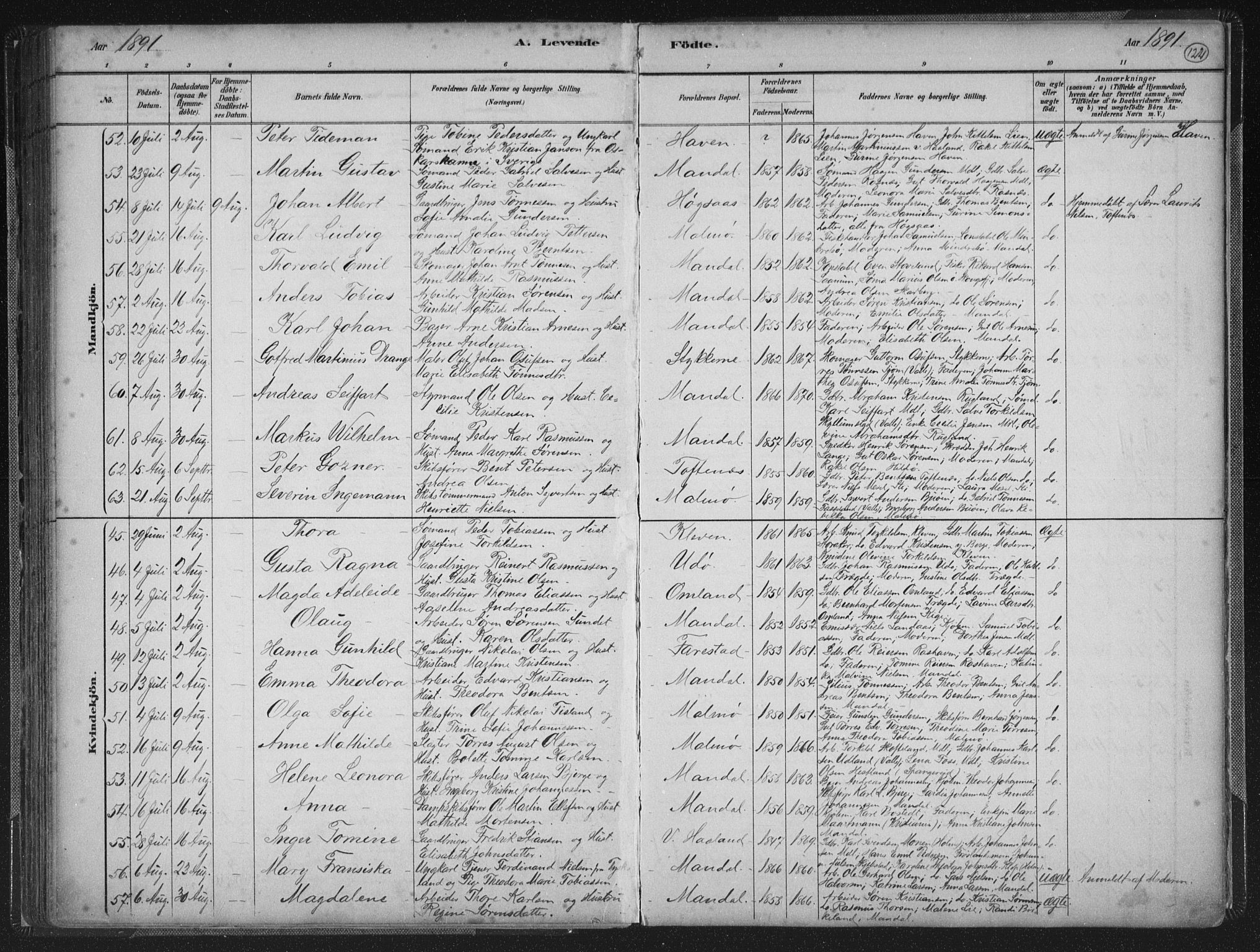 Mandal sokneprestkontor, AV/SAK-1111-0030/F/Fb/Fba/L0011: Klokkerbok nr. B 5, 1880-1898, s. 122