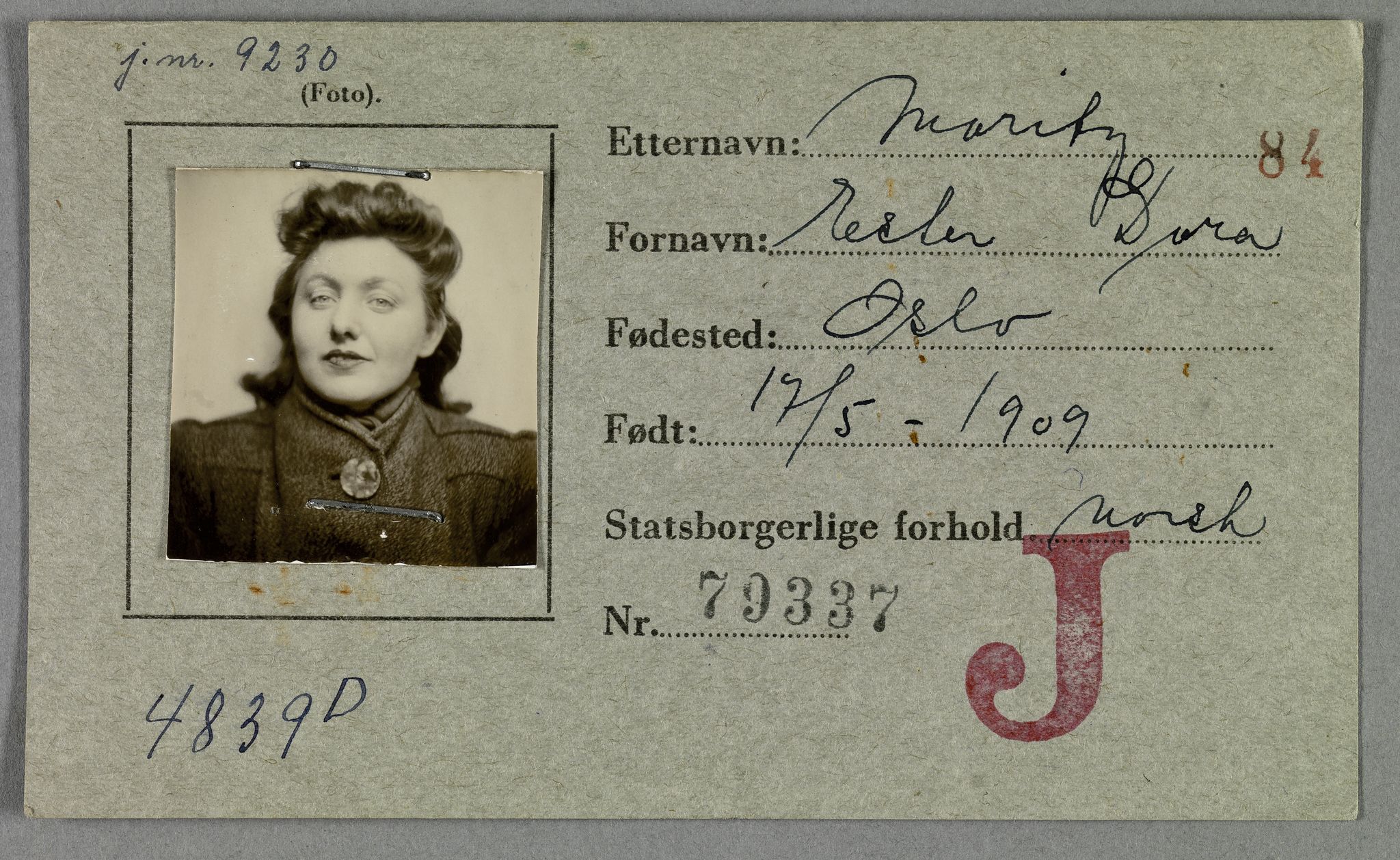 Sosialdepartementet, Våre Falne, RA/S-1708/E/Ee/L0021A: Fotografier av jøder på legitimasjonskort (1941-42), 1941-1942, s. 263