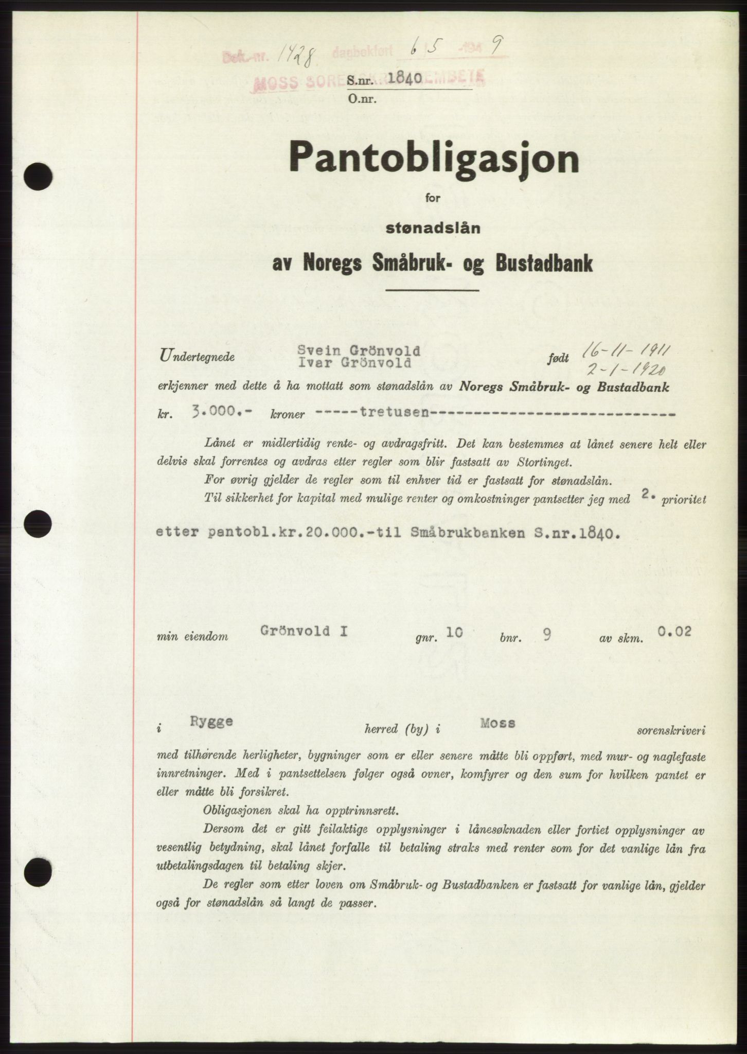 Moss sorenskriveri, SAO/A-10168: Pantebok nr. B21, 1949-1949, Dagboknr: 1428/1949