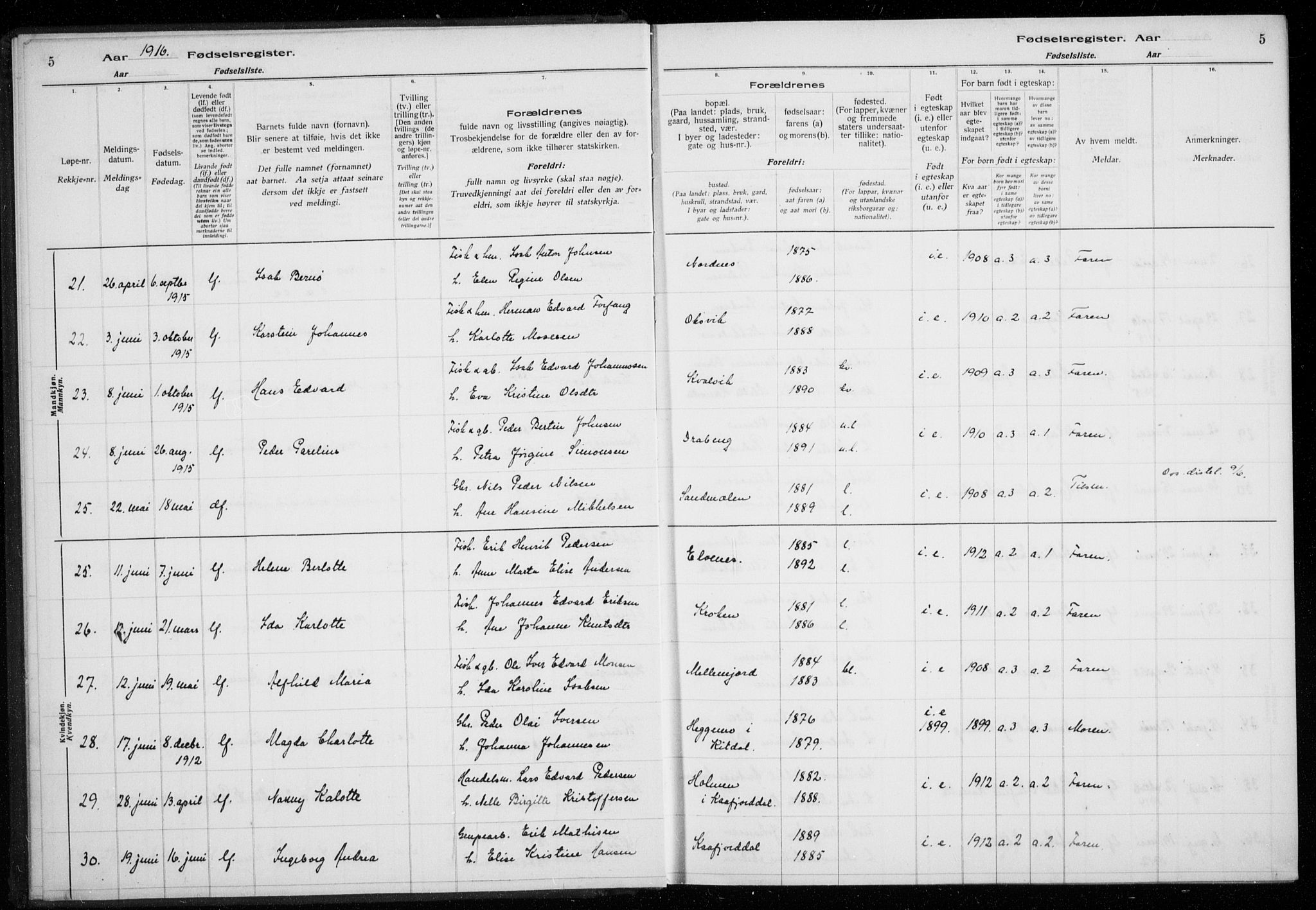 Lyngen sokneprestembete, AV/SATØ-S-1289/I/Ia/L0075: Fødselsregister nr. 75, 1916-1924, s. 5