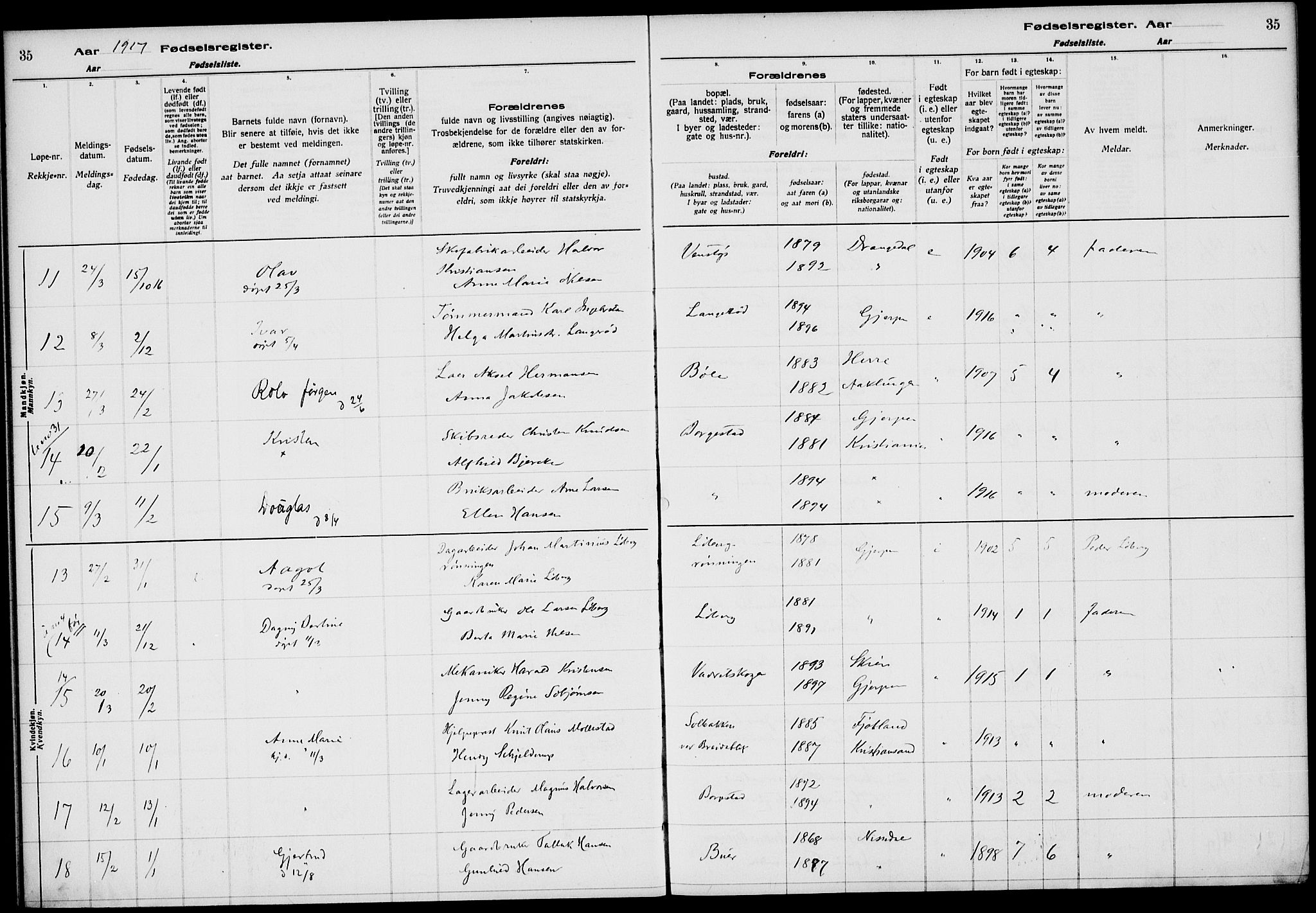 Gjerpen kirkebøker, AV/SAKO-A-265/J/Ja/L0001: Fødselsregister nr. I 1, 1916-1926, s. 35