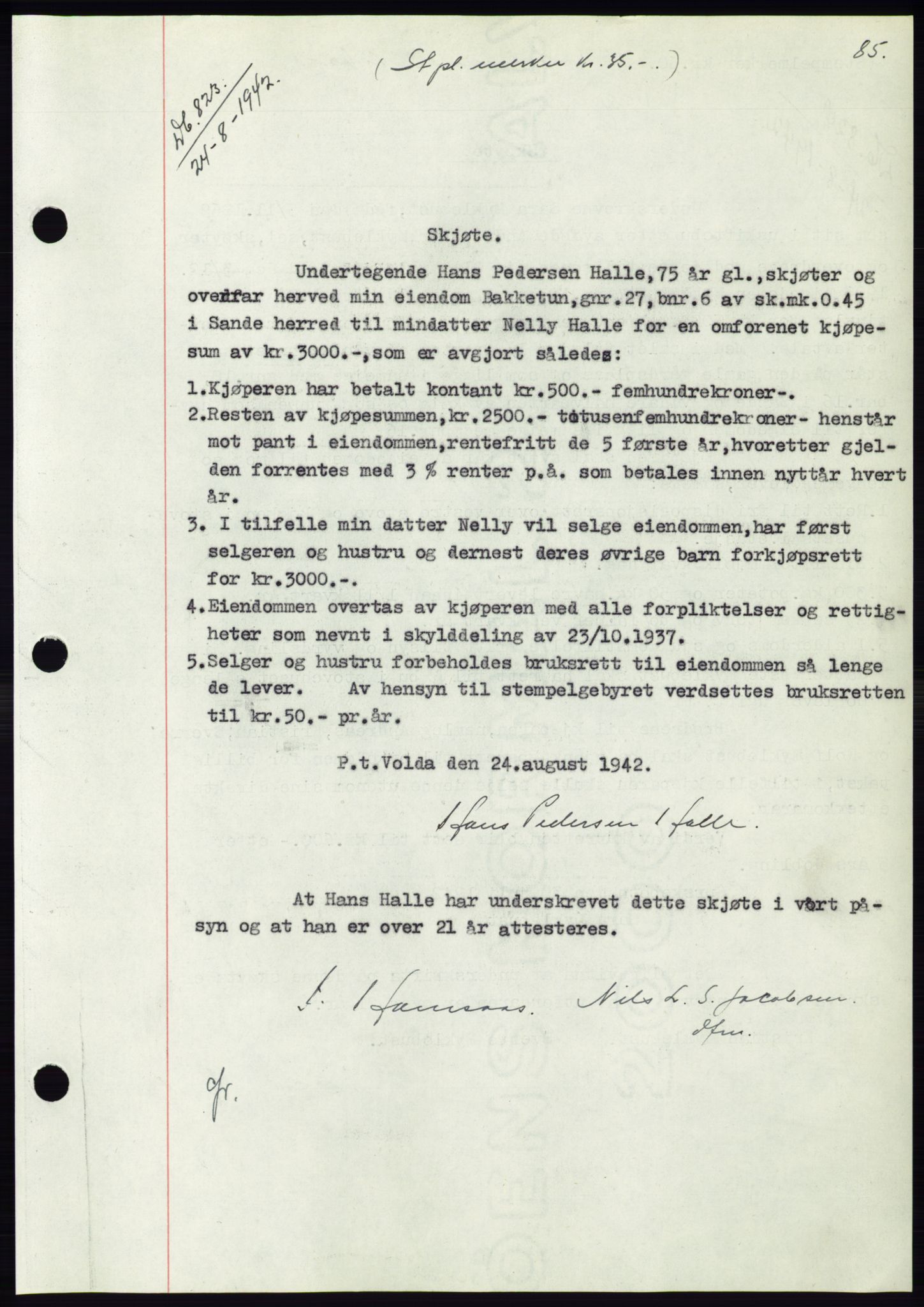 Søre Sunnmøre sorenskriveri, SAT/A-4122/1/2/2C/L0074: Pantebok nr. 68, 1942-1943, Dagboknr: 823/1942