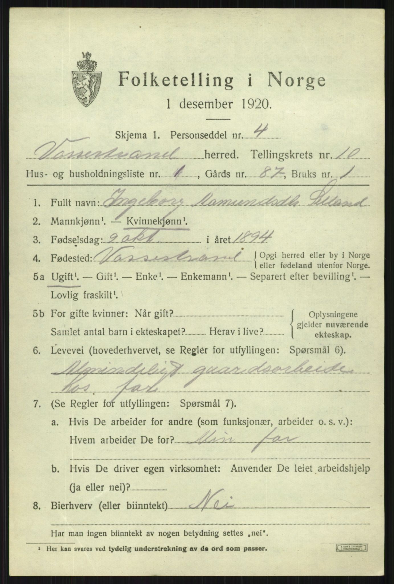 SAB, Folketelling 1920 for 1236 Vossestrand herred, 1920, s. 4232