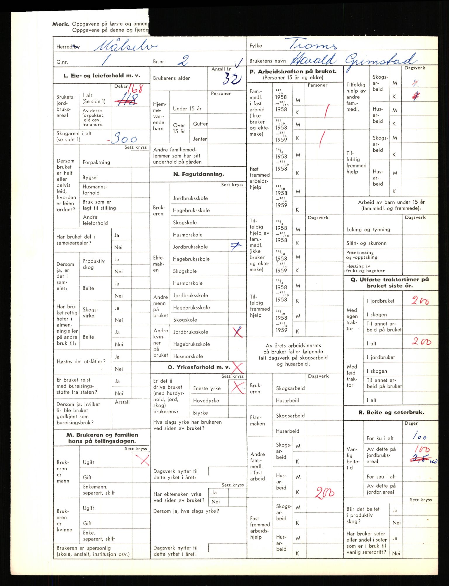 Statistisk sentralbyrå, Næringsøkonomiske emner, Jordbruk, skogbruk, jakt, fiske og fangst, AV/RA-S-2234/G/Gd/L0655: Troms: 1924 Målselv (kl. 4-10), 1959, s. 2185