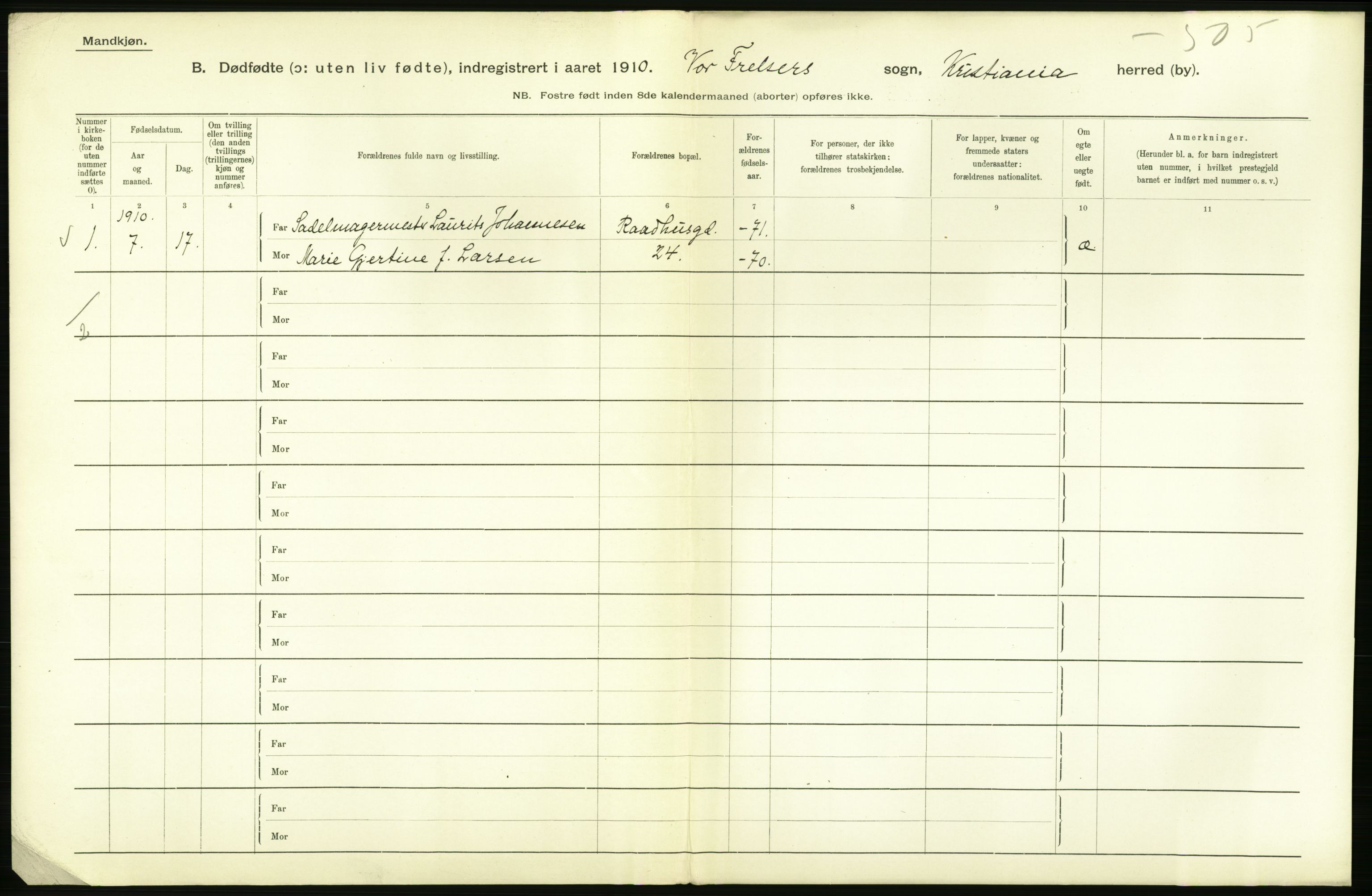 Statistisk sentralbyrå, Sosiodemografiske emner, Befolkning, RA/S-2228/D/Df/Dfa/Dfah/L0009: Kristiania: Gifte og dødfødte., 1910, s. 762