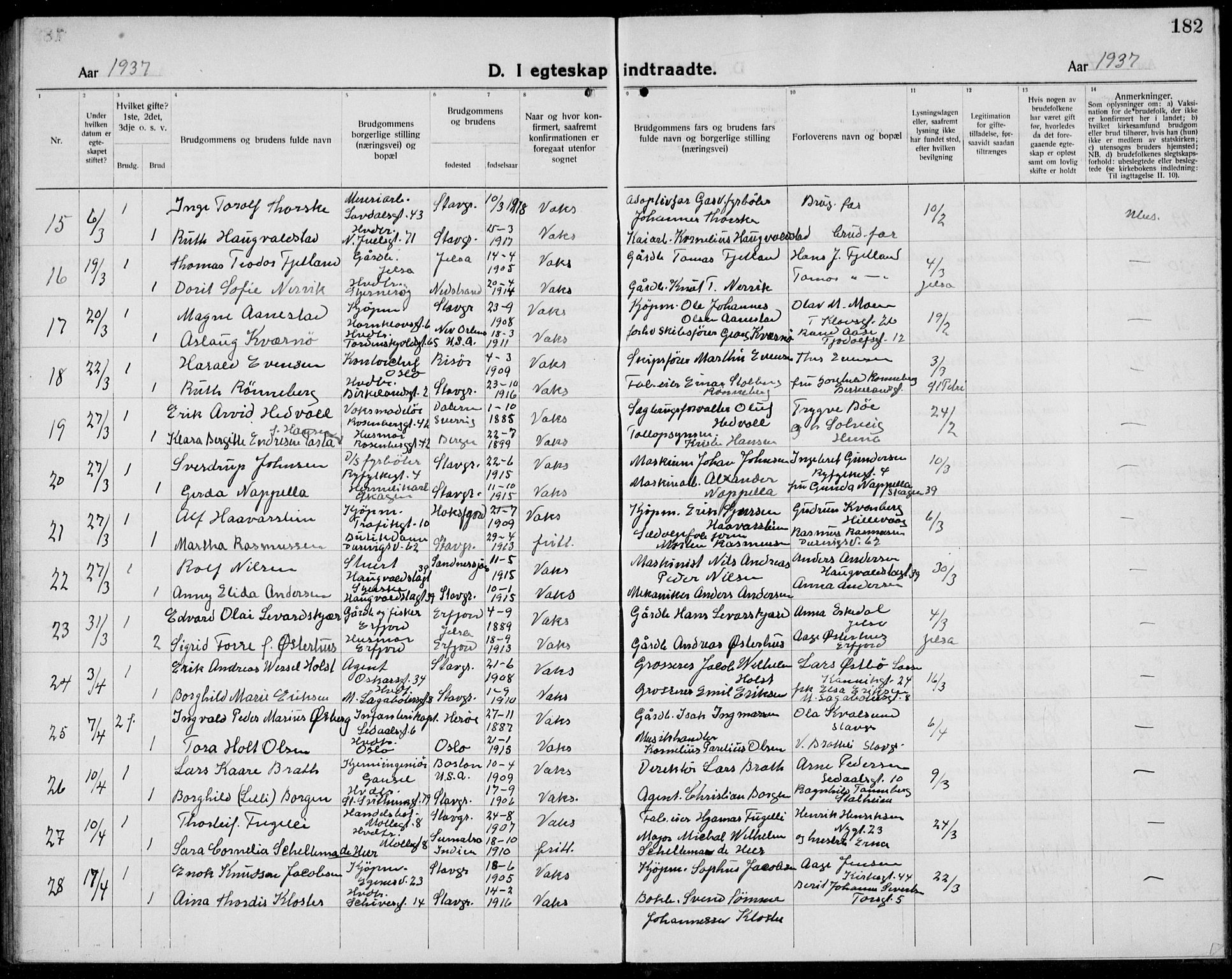 Domkirken sokneprestkontor, AV/SAST-A-101812/001/30/30BB/L0020: Klokkerbok nr. B 20, 1921-1937, s. 182