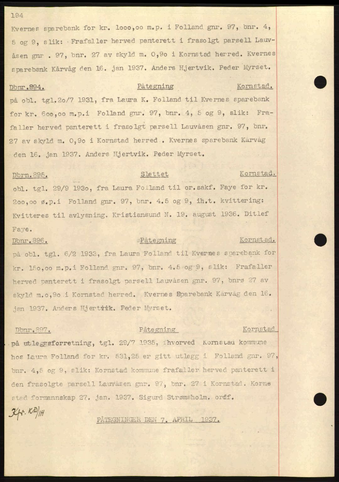 Nordmøre sorenskriveri, SAT/A-4132/1/2/2Ca: Pantebok nr. C80, 1936-1939, Dagboknr: 894/1937