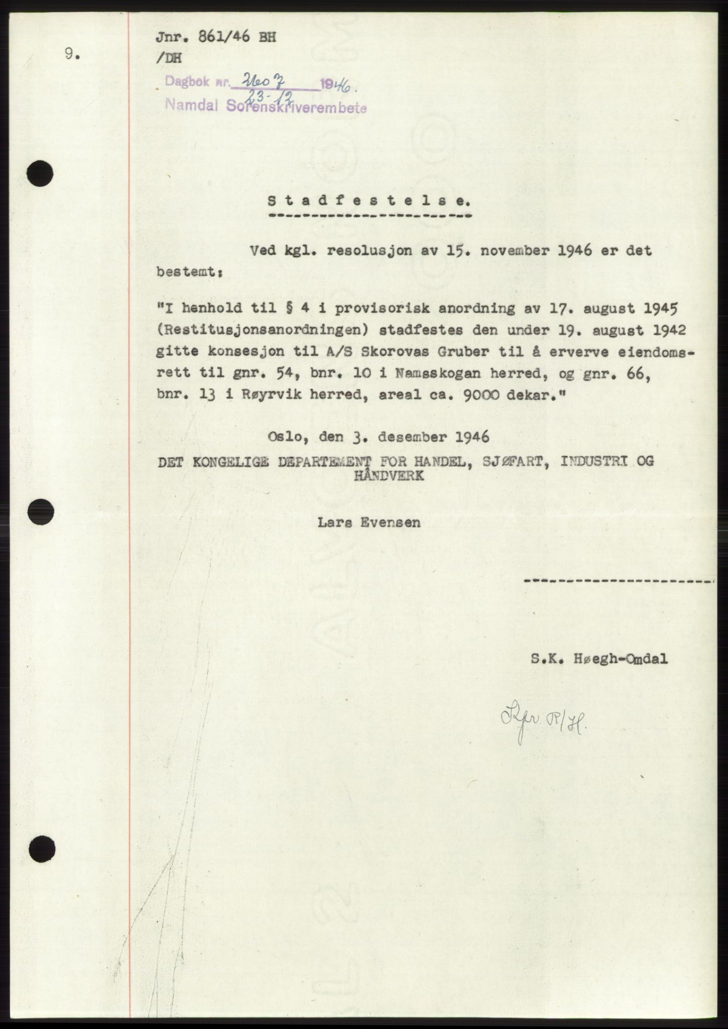 Namdal sorenskriveri, SAT/A-4133/1/2/2C: Pantebok nr. -, 1946-1947, Dagboknr: 2607/1946