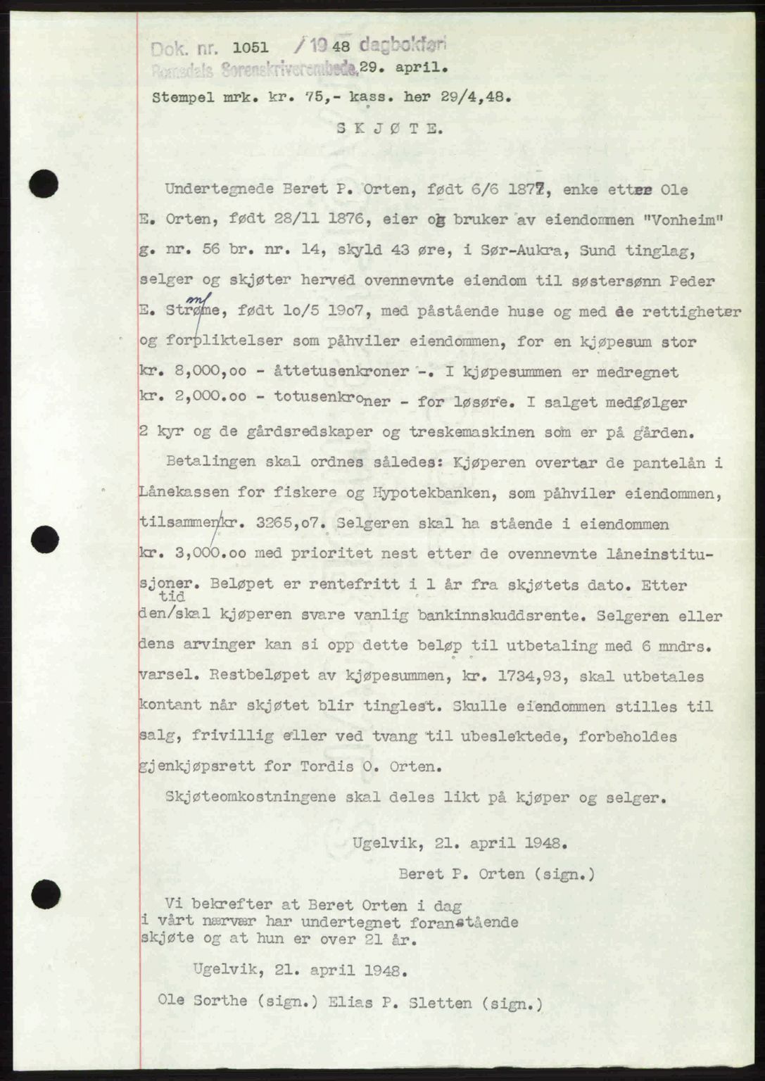 Romsdal sorenskriveri, SAT/A-4149/1/2/2C: Pantebok nr. A26, 1948-1948, Dagboknr: 1051/1948