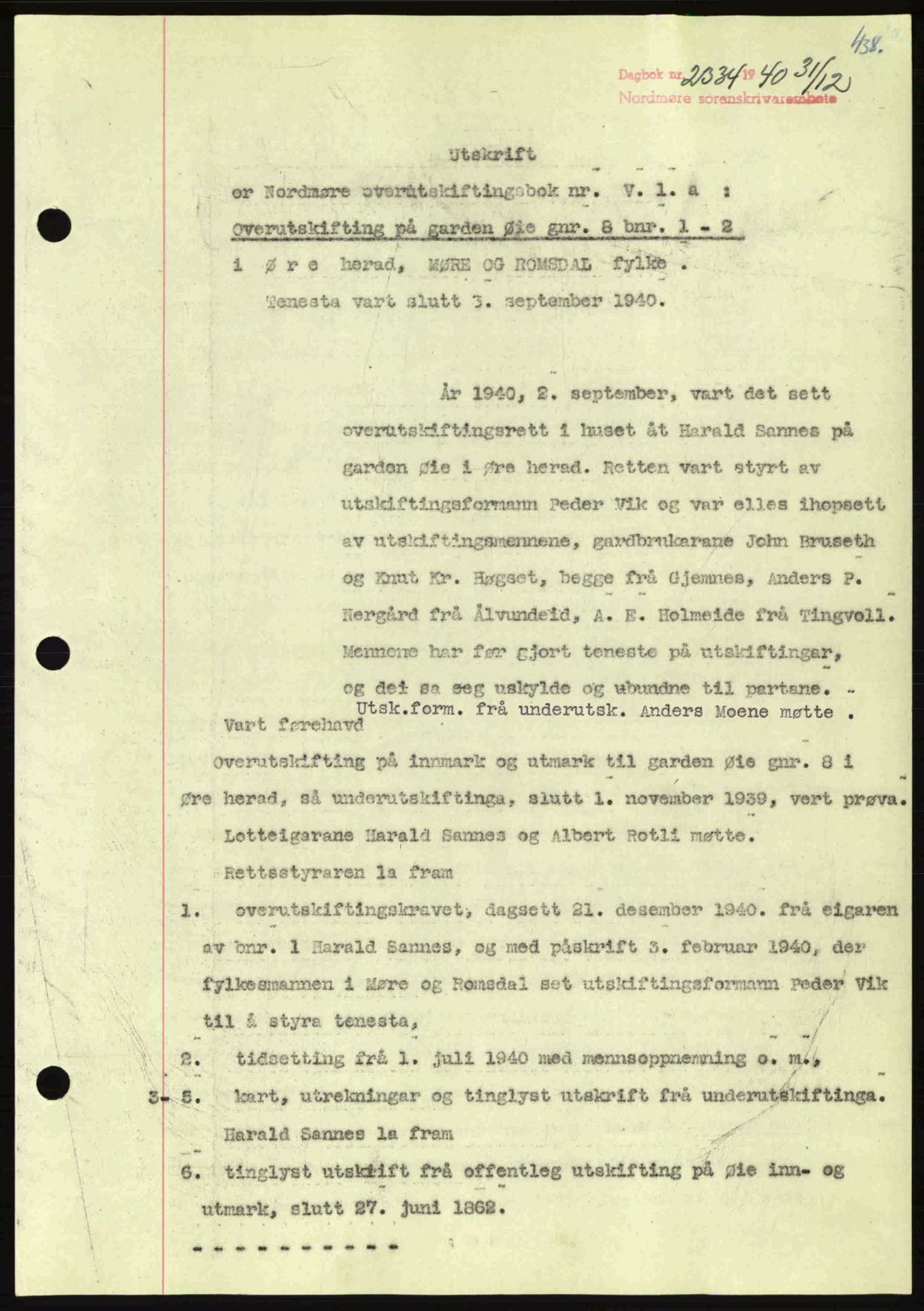 Nordmøre sorenskriveri, SAT/A-4132/1/2/2Ca: Pantebok nr. A89, 1940-1941, Dagboknr: 2334/1940