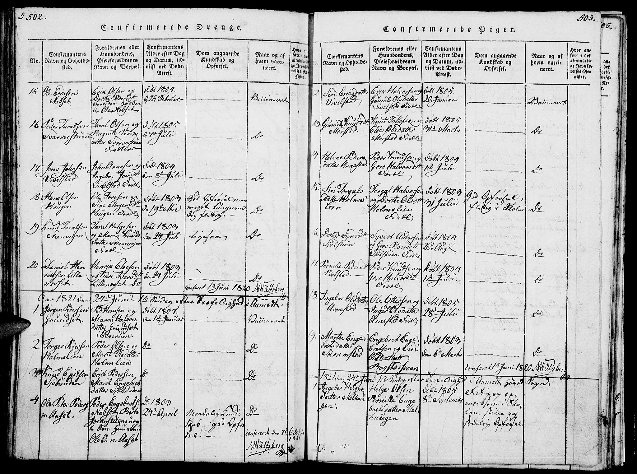 Åmot prestekontor, Hedmark, AV/SAH-PREST-056/H/Ha/Hab/L0001: Klokkerbok nr. 1, 1815-1847, s. 502-503