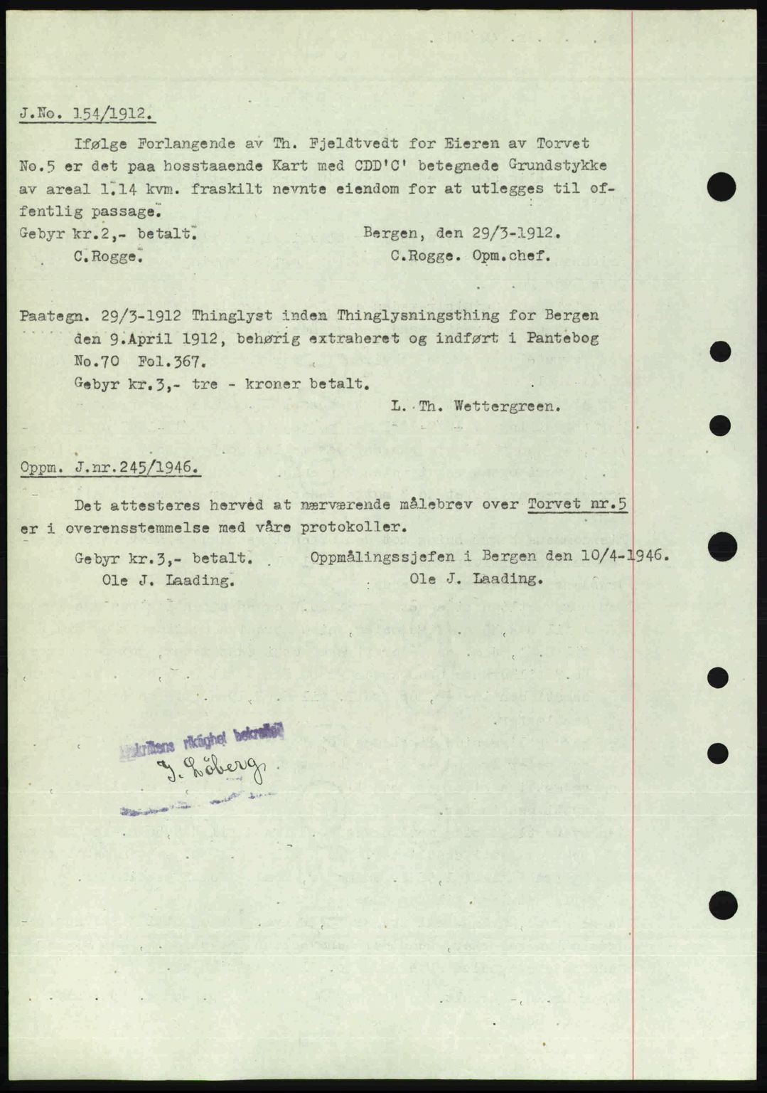 Byfogd og Byskriver i Bergen, SAB/A-3401/03/03Bc/L0022: Pantebok nr. A18, 1946-1946, Dagboknr: 2096/1946