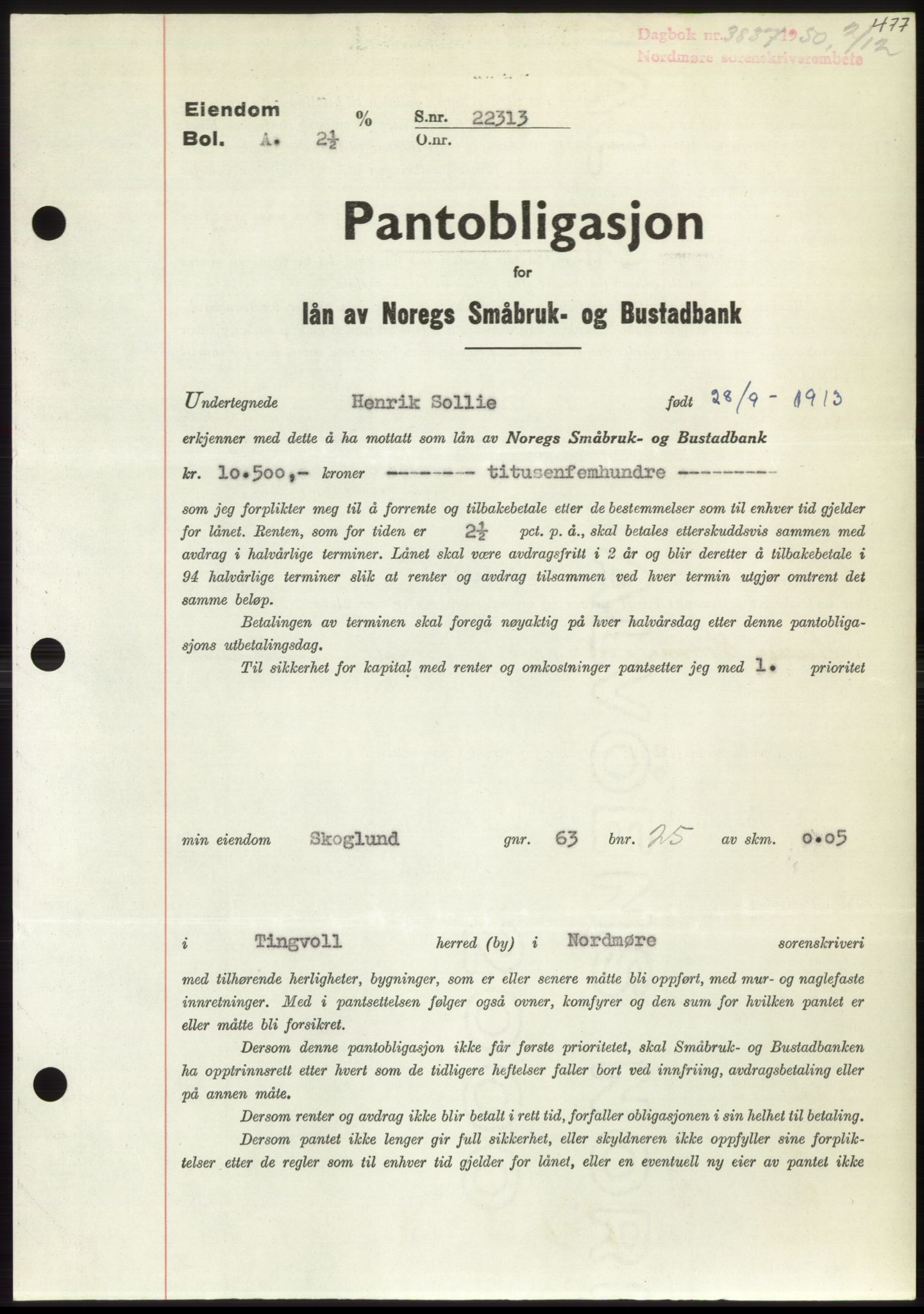 Nordmøre sorenskriveri, SAT/A-4132/1/2/2Ca: Pantebok nr. B106, 1950-1950, Dagboknr: 3837/1950