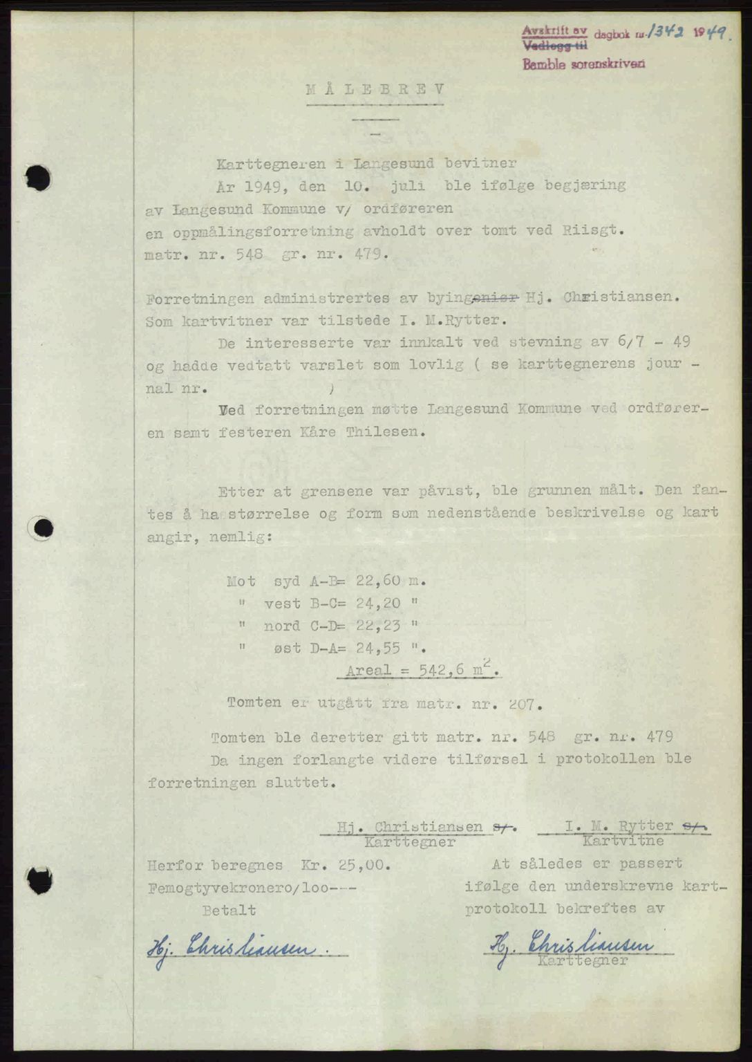 Bamble sorenskriveri, SAKO/A-214/G/Ga/Gag/L0015: Pantebok nr. A-15, 1949-1949, Dagboknr: 1342/1949