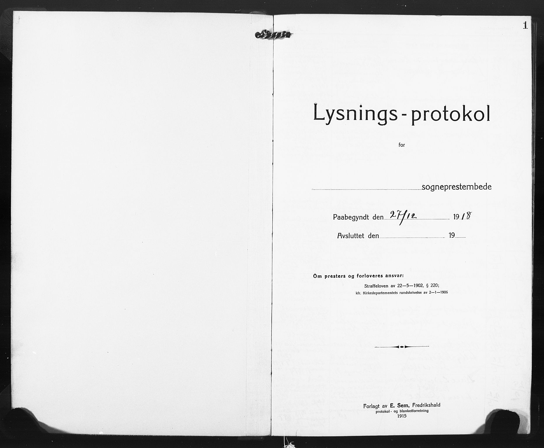 Larvik kirkebøker, SAKO/A-352/H/Ha/L0004: Lysningsprotokoll nr. 4, 1918-1920, s. 1