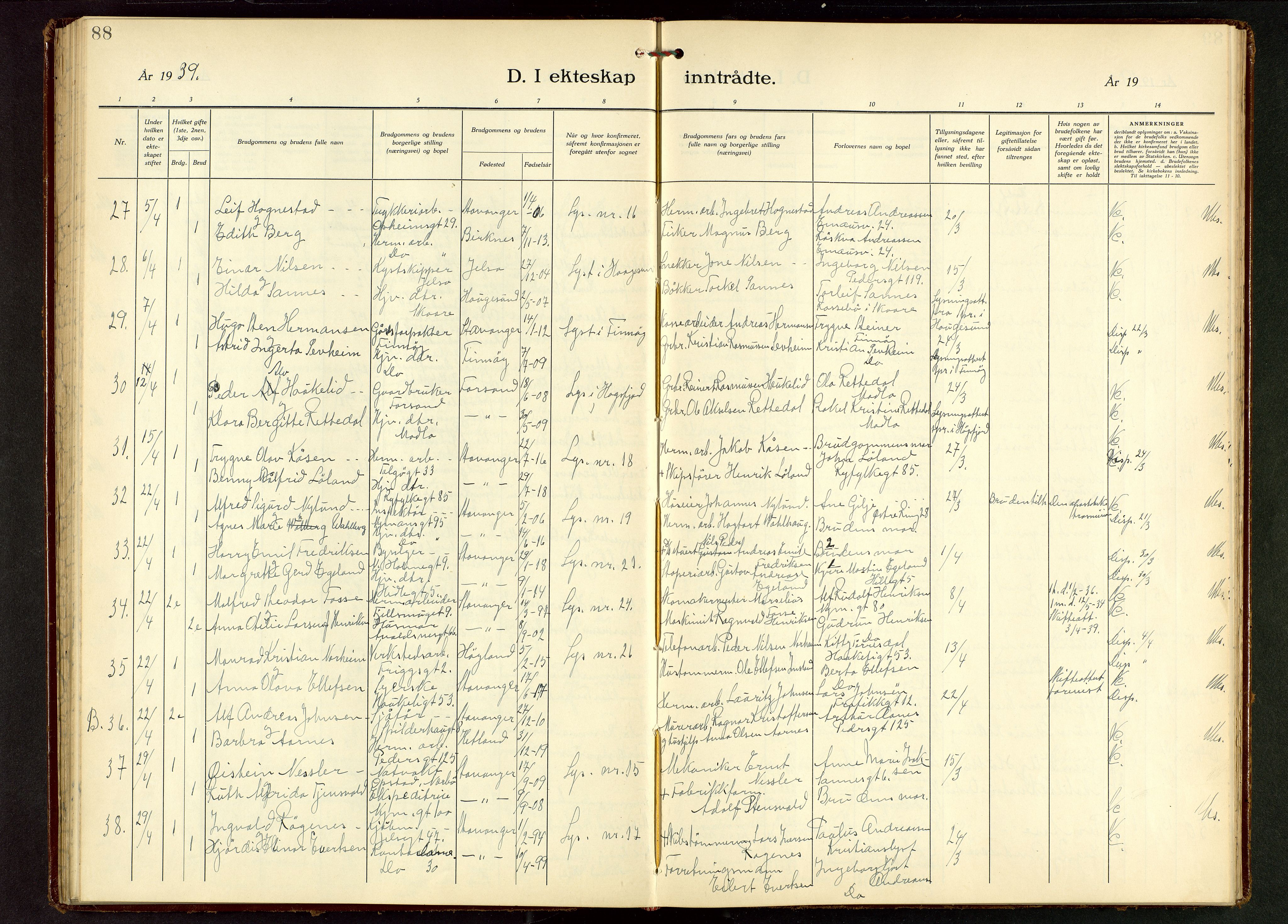 St. Johannes sokneprestkontor, AV/SAST-A-101814/001/30/30BB/L0010: Klokkerbok nr. B 10, 1933-1946, s. 88