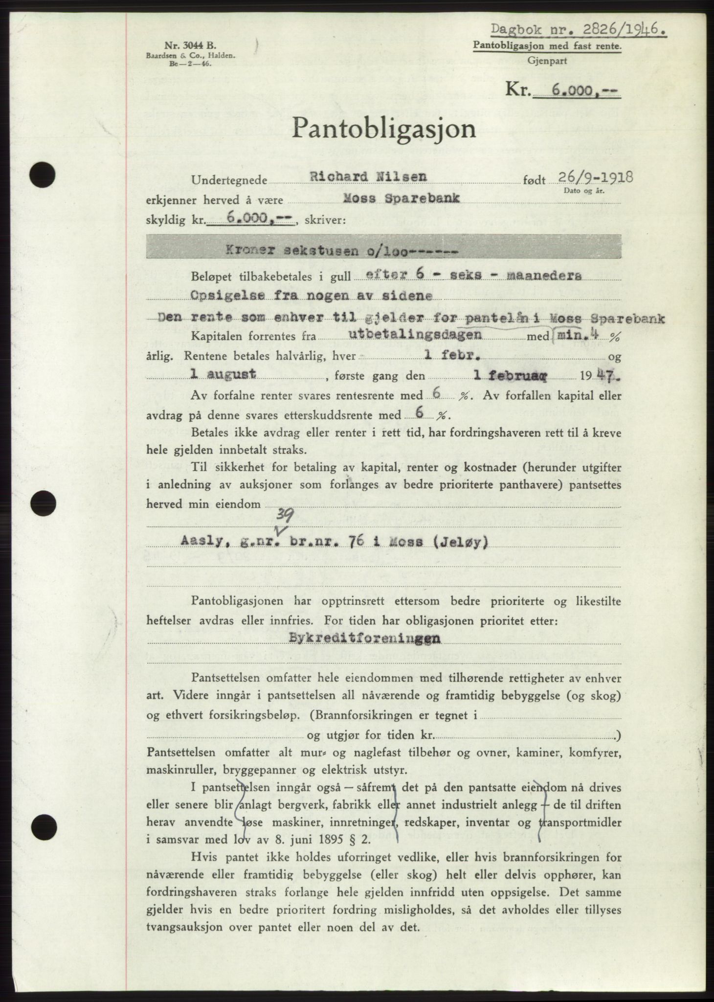 Moss sorenskriveri, SAO/A-10168: Pantebok nr. B16, 1946-1947, Dagboknr: 2826/1946