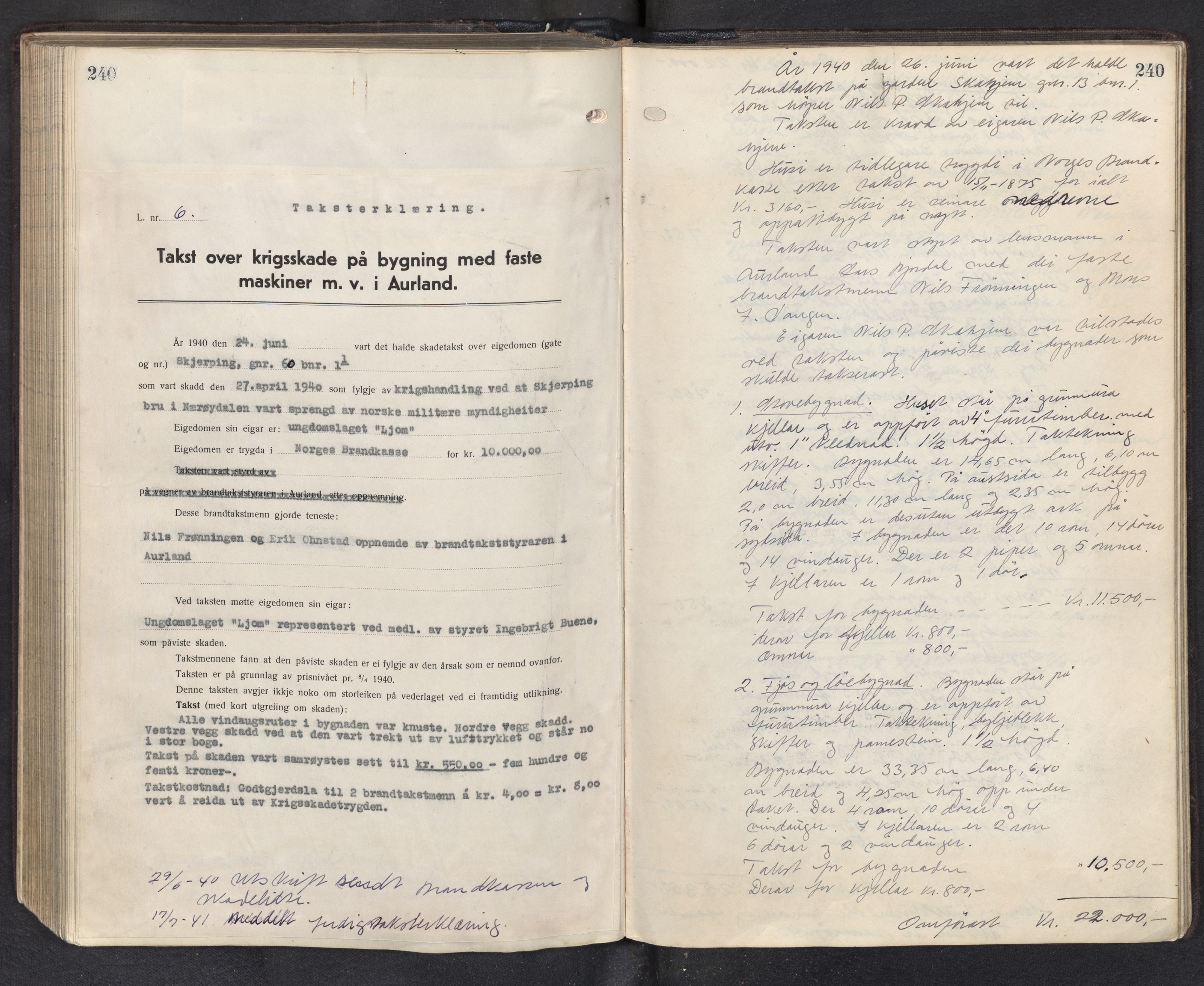 Lensmannen i Aurland, SAB/A-26401/0012/L0003: Branntakstprotokoll, 1917-1944, s. 240