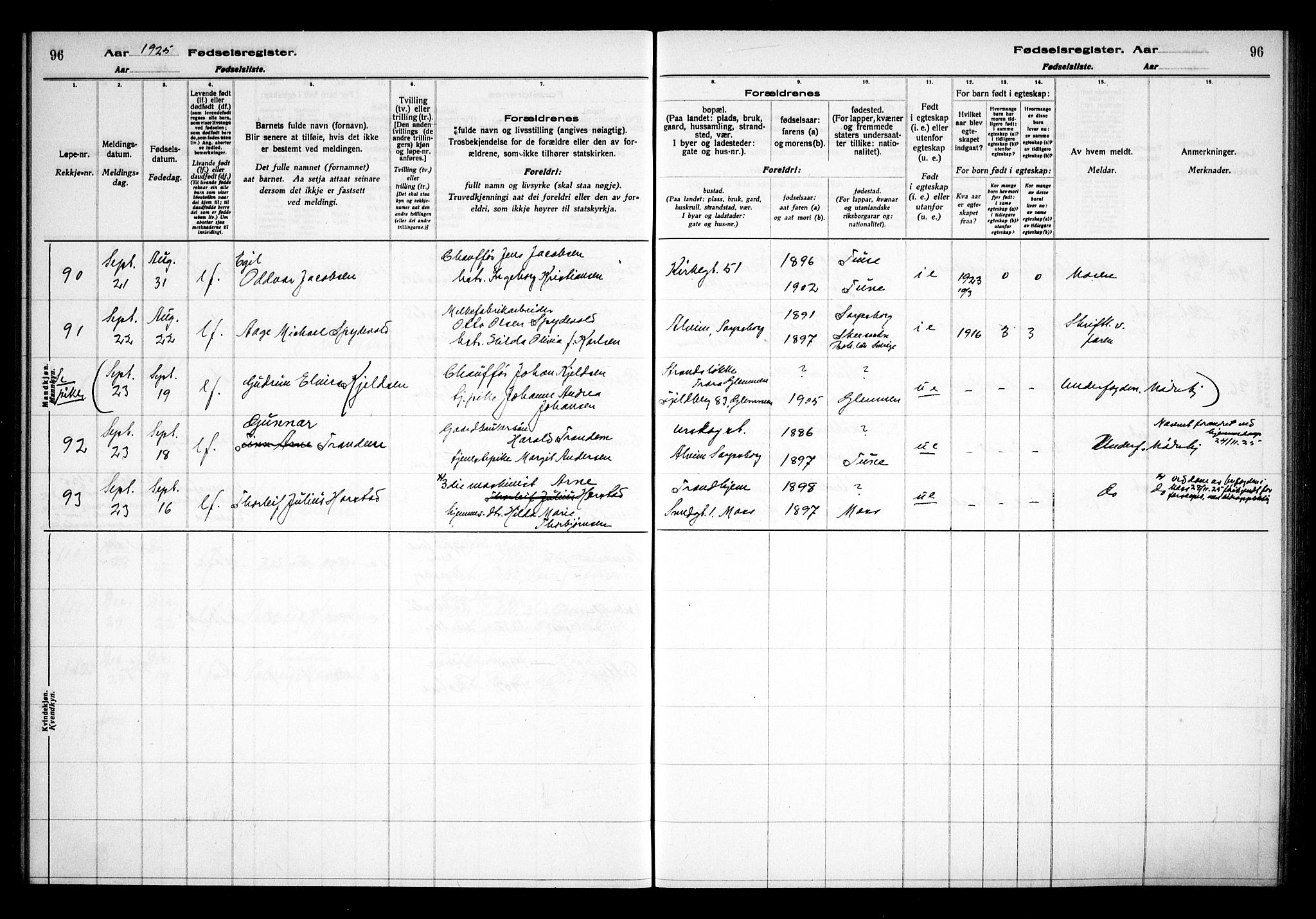 Sarpsborg prestekontor Kirkebøker, AV/SAO-A-2006/J/Ja/L0002: Fødselsregister nr. 2, 1922-1928, s. 96