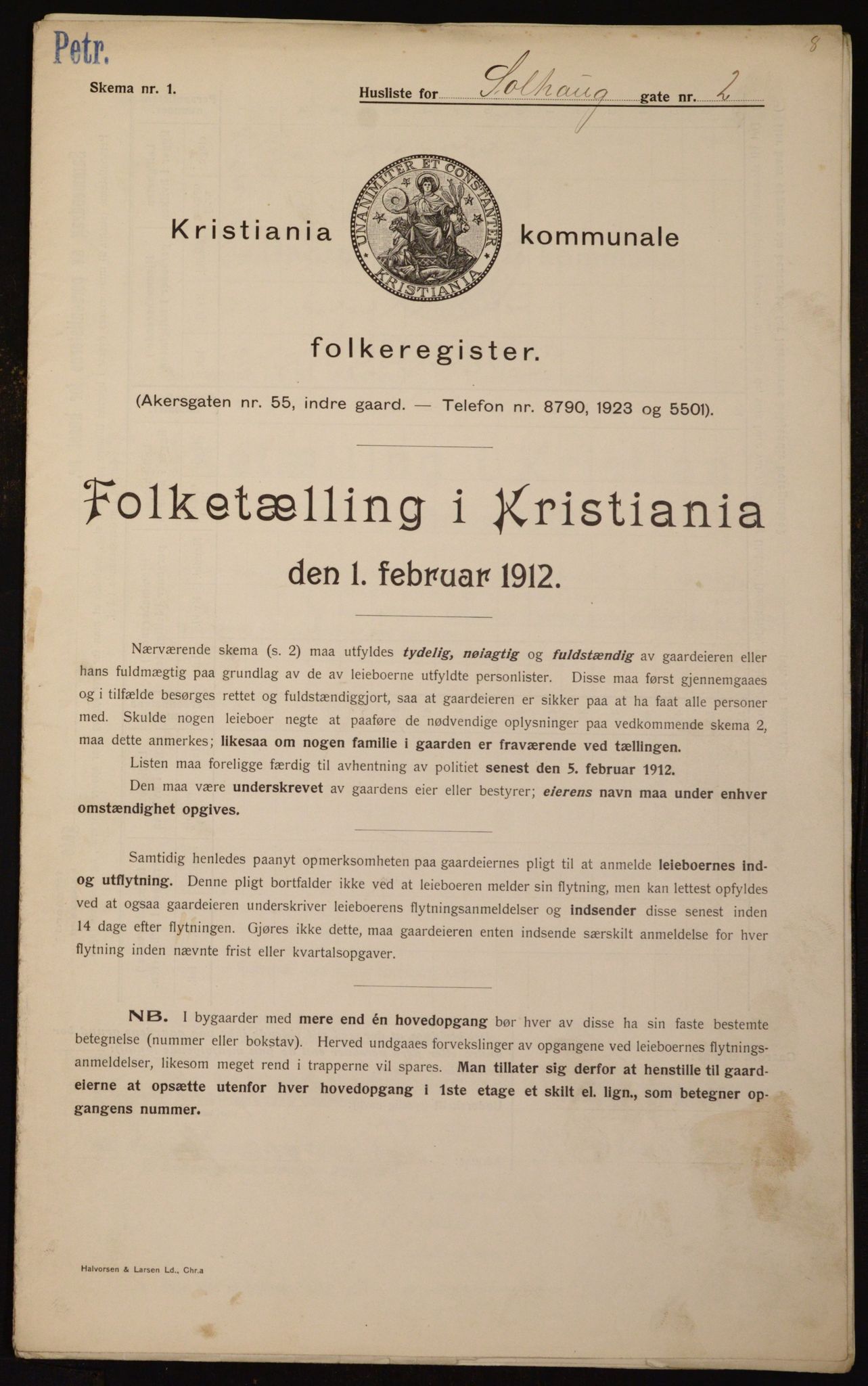 OBA, Kommunal folketelling 1.2.1912 for Kristiania, 1912, s. 99696