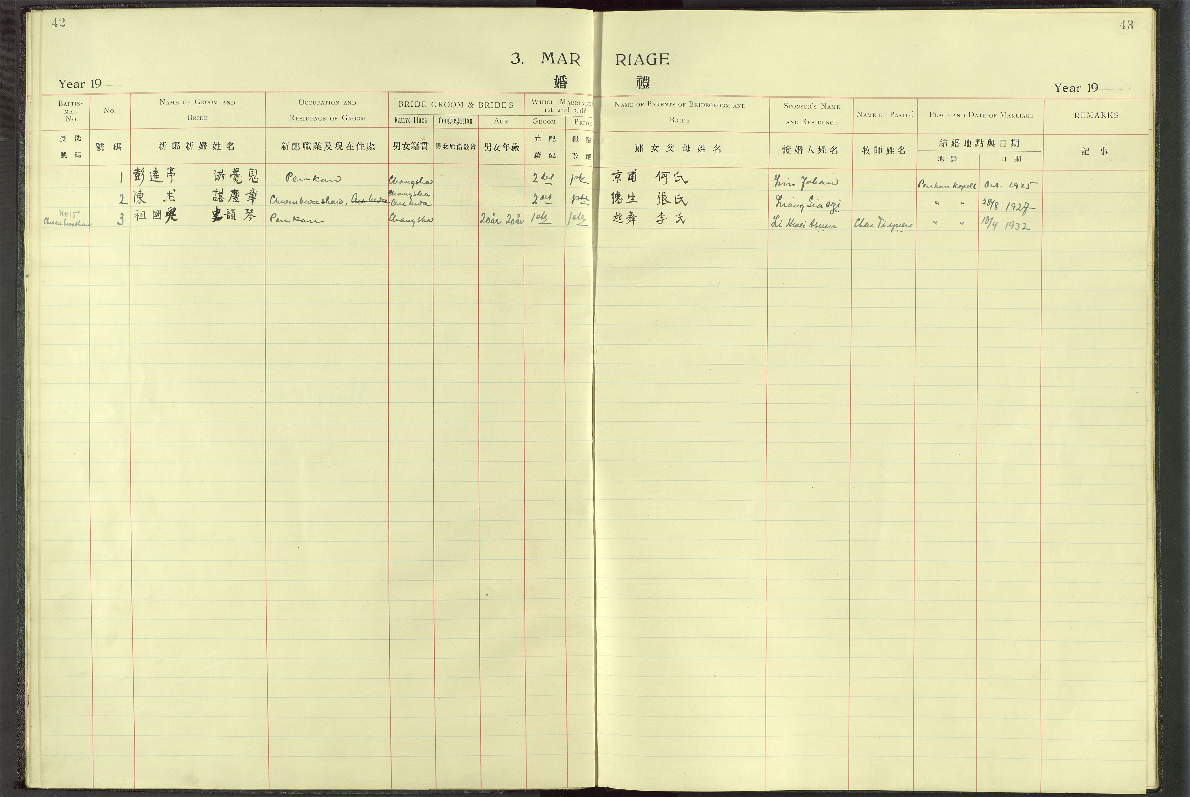 Det Norske Misjonsselskap - utland - Kina (Hunan), VID/MA-A-1065/Dm/L0017: Ministerialbok nr. -, 1913-1948, s. 42-43