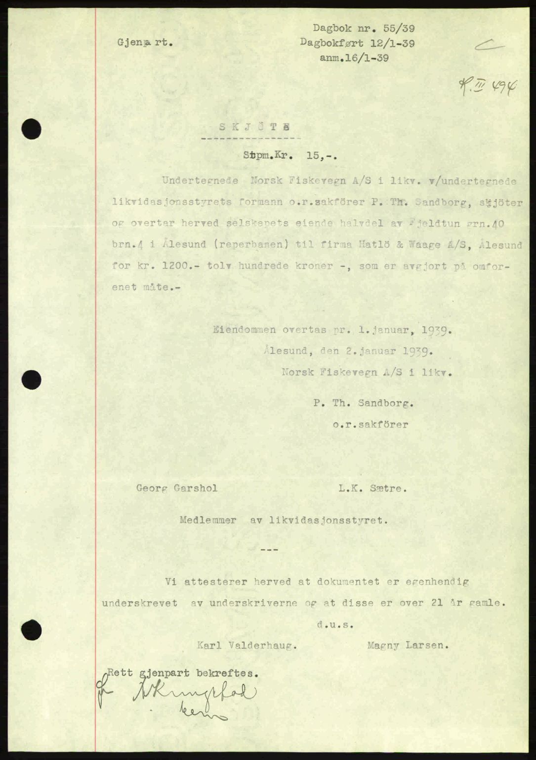 Ålesund byfogd, AV/SAT-A-4384: Pantebok nr. 34 II, 1938-1940, Dagboknr: 55/1939