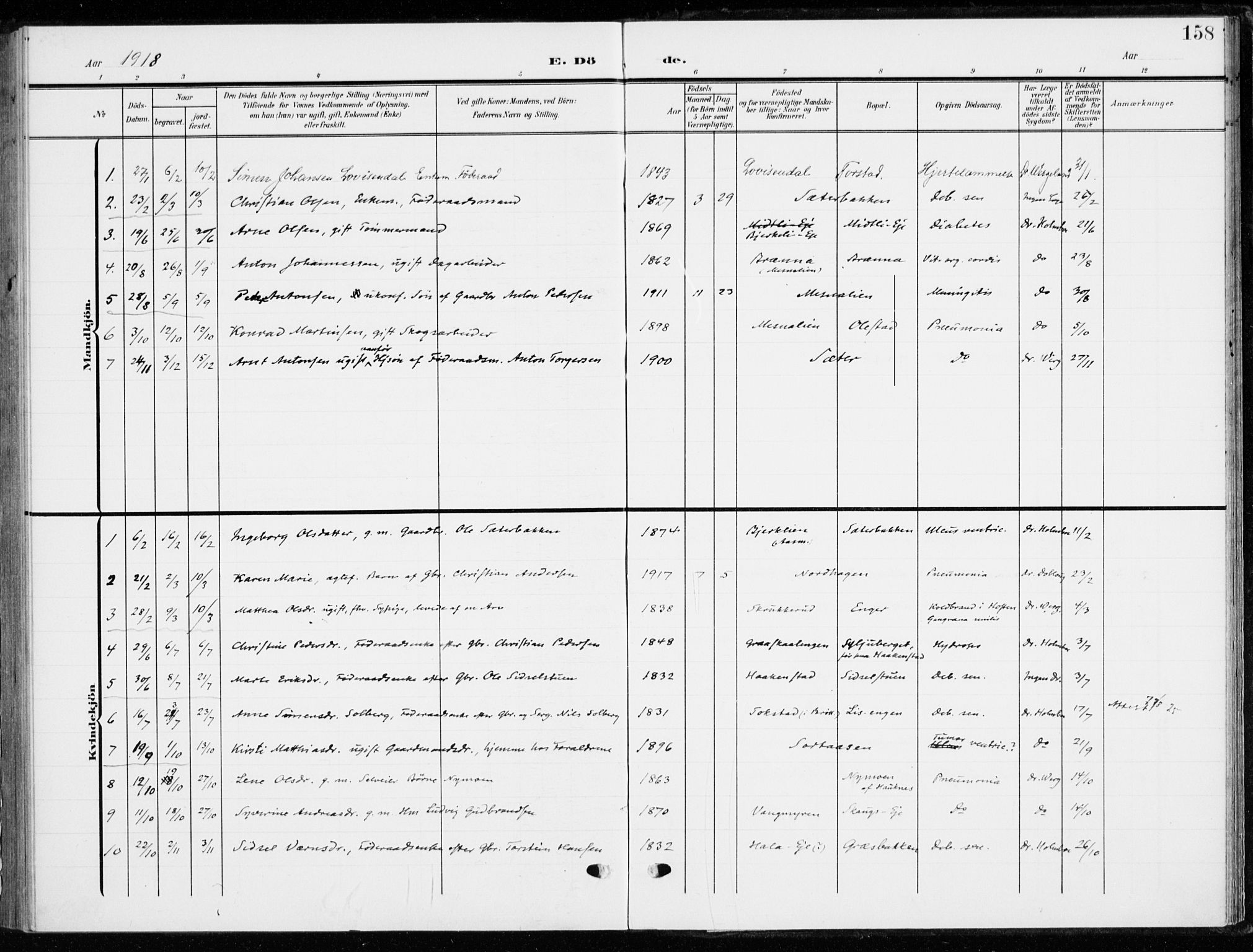 Ringsaker prestekontor, AV/SAH-PREST-014/K/Ka/L0021: Ministerialbok nr. 21, 1905-1920, s. 158