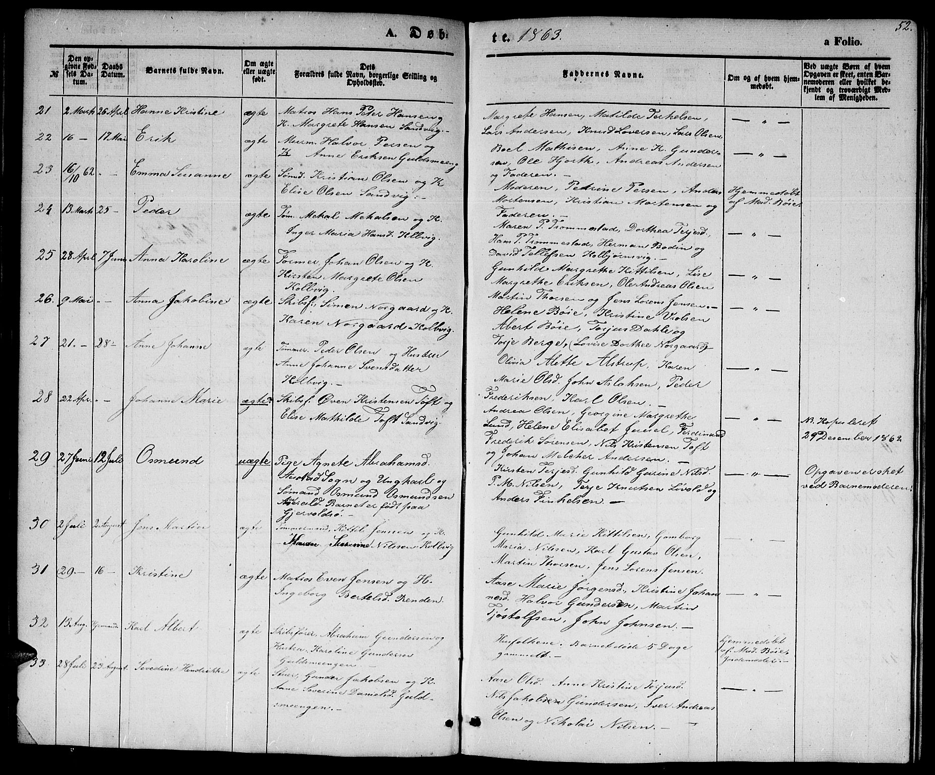 Hisøy sokneprestkontor, AV/SAK-1111-0020/F/Fb/L0001: Klokkerbok nr. B 1, 1849-1872, s. 52