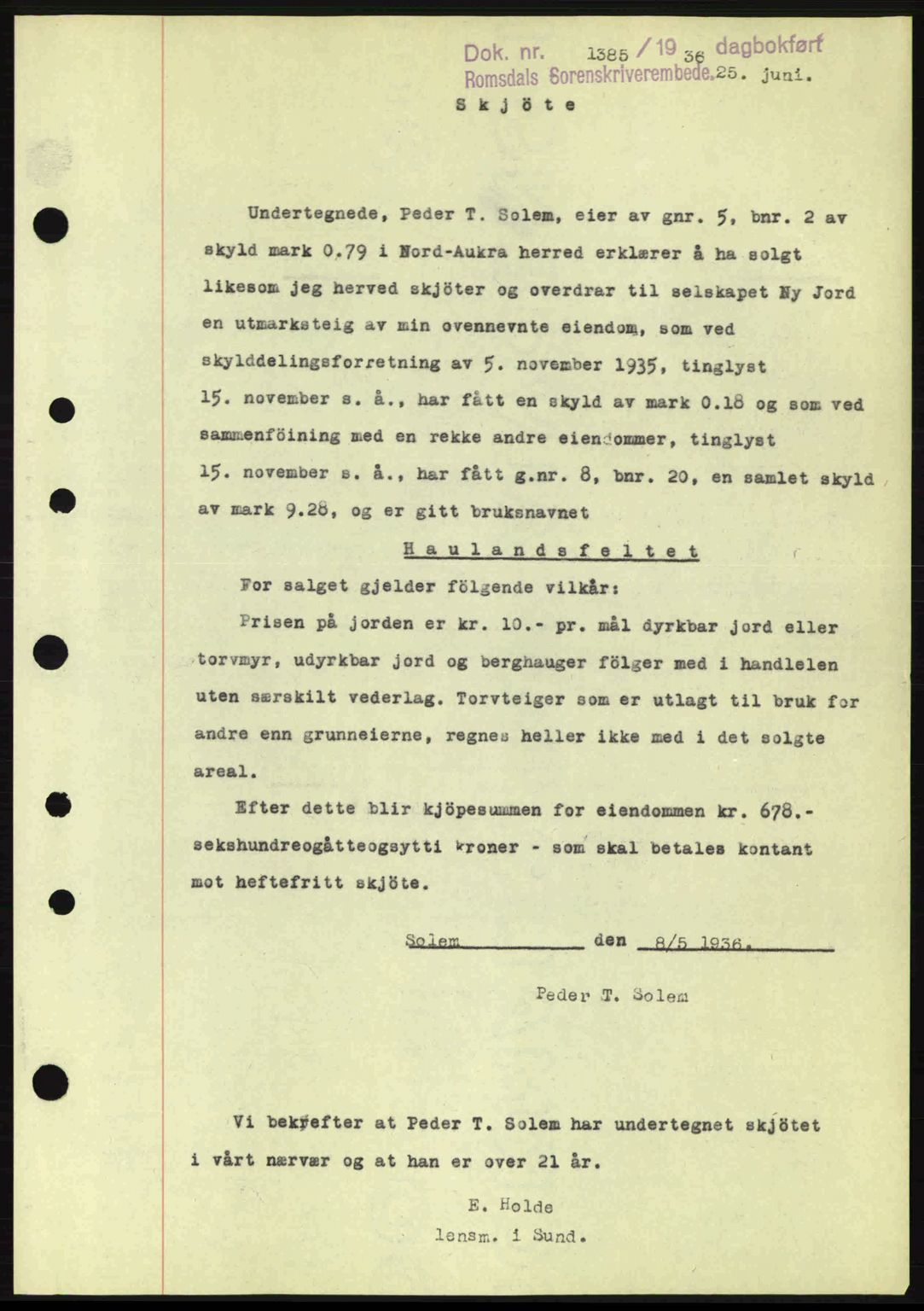 Romsdal sorenskriveri, SAT/A-4149/1/2/2C: Pantebok nr. A1, 1936-1936, Dagboknr: 1385/1936