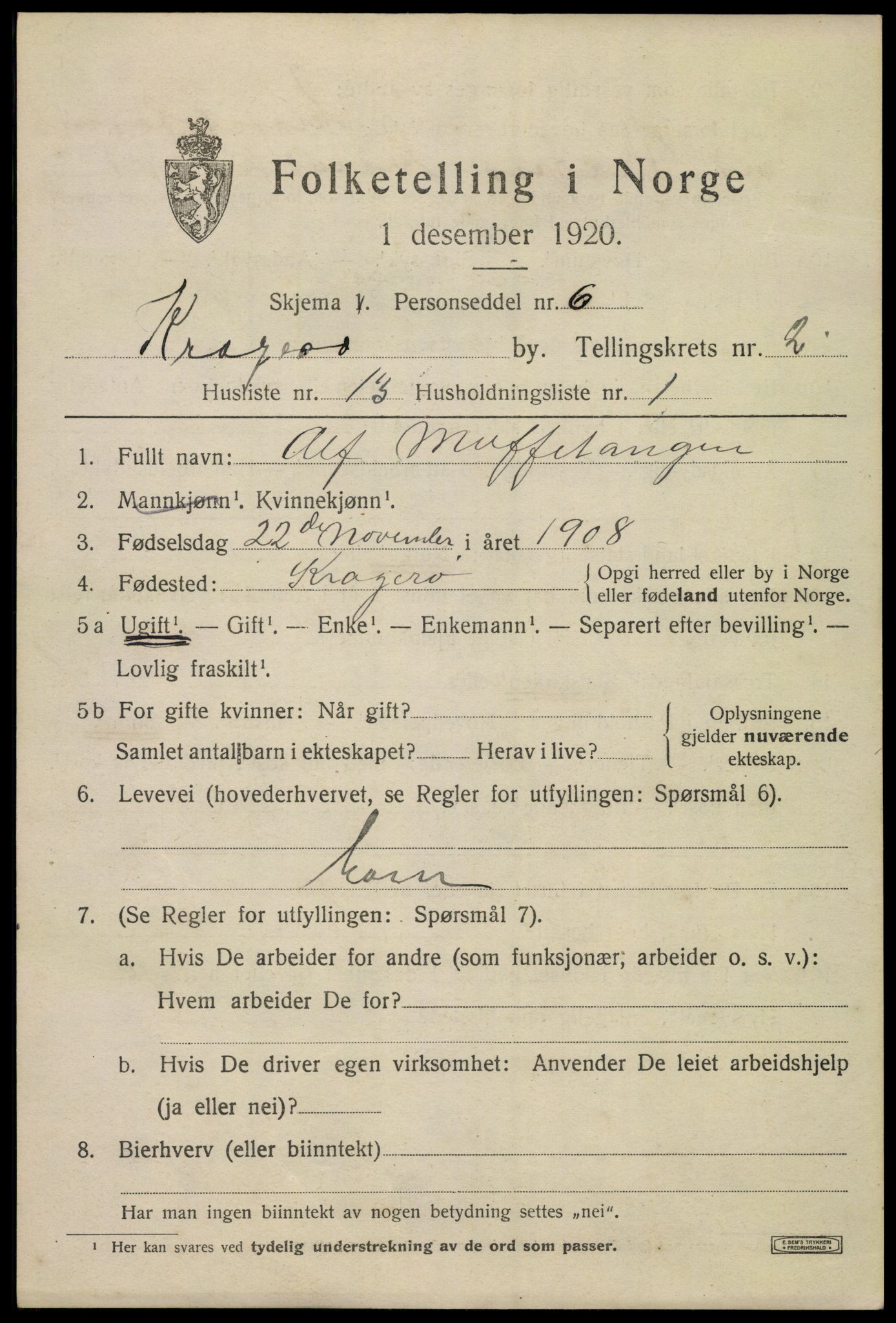 SAKO, Folketelling 1920 for 0801 Kragerø kjøpstad, 1920, s. 5459