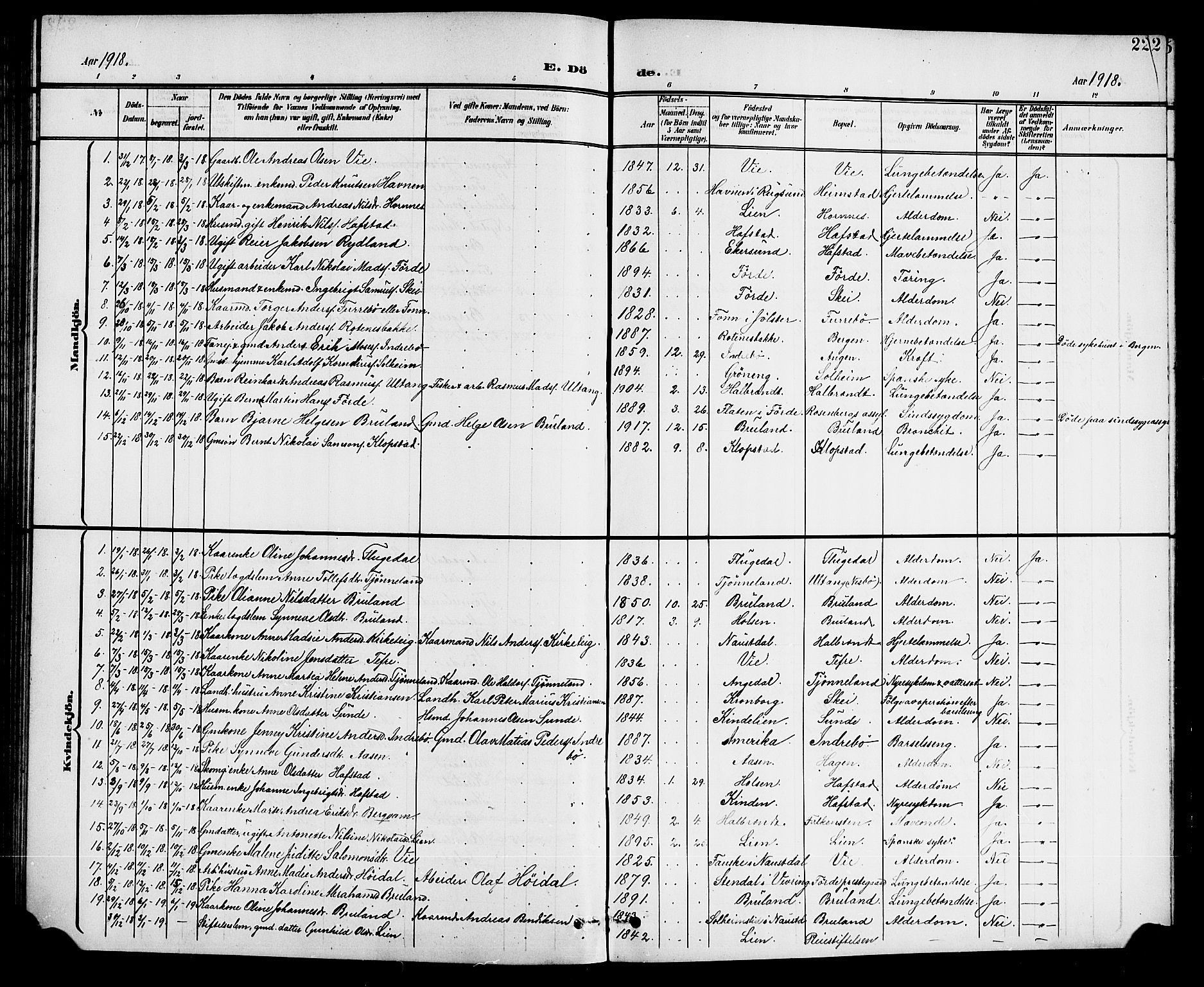 Førde sokneprestembete, AV/SAB-A-79901/H/Hab/Haba/L0003: Klokkerbok nr. A 3, 1899-1924, s. 222