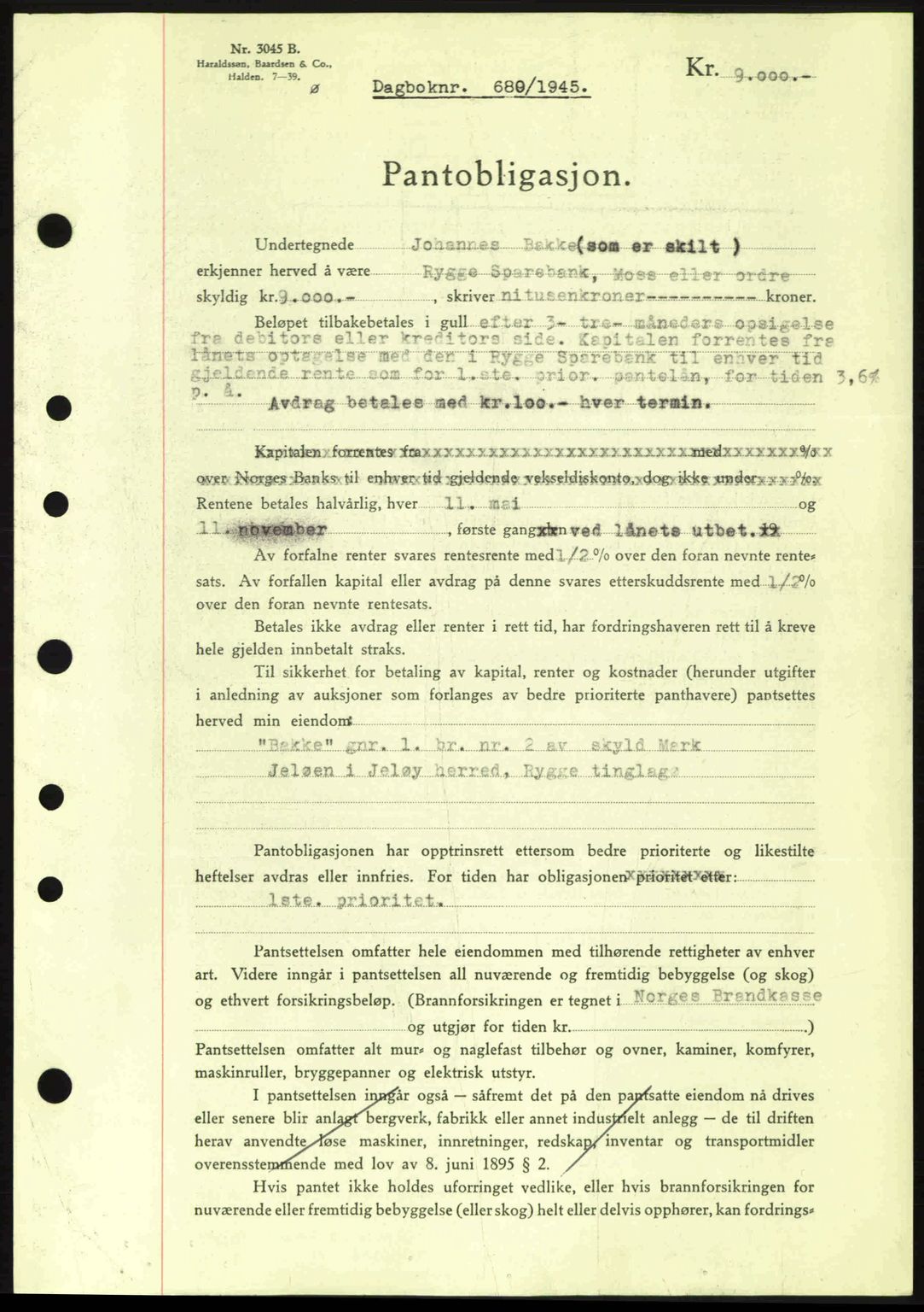 Moss sorenskriveri, SAO/A-10168: Pantebok nr. B13, 1943-1945, Dagboknr: 689/1945
