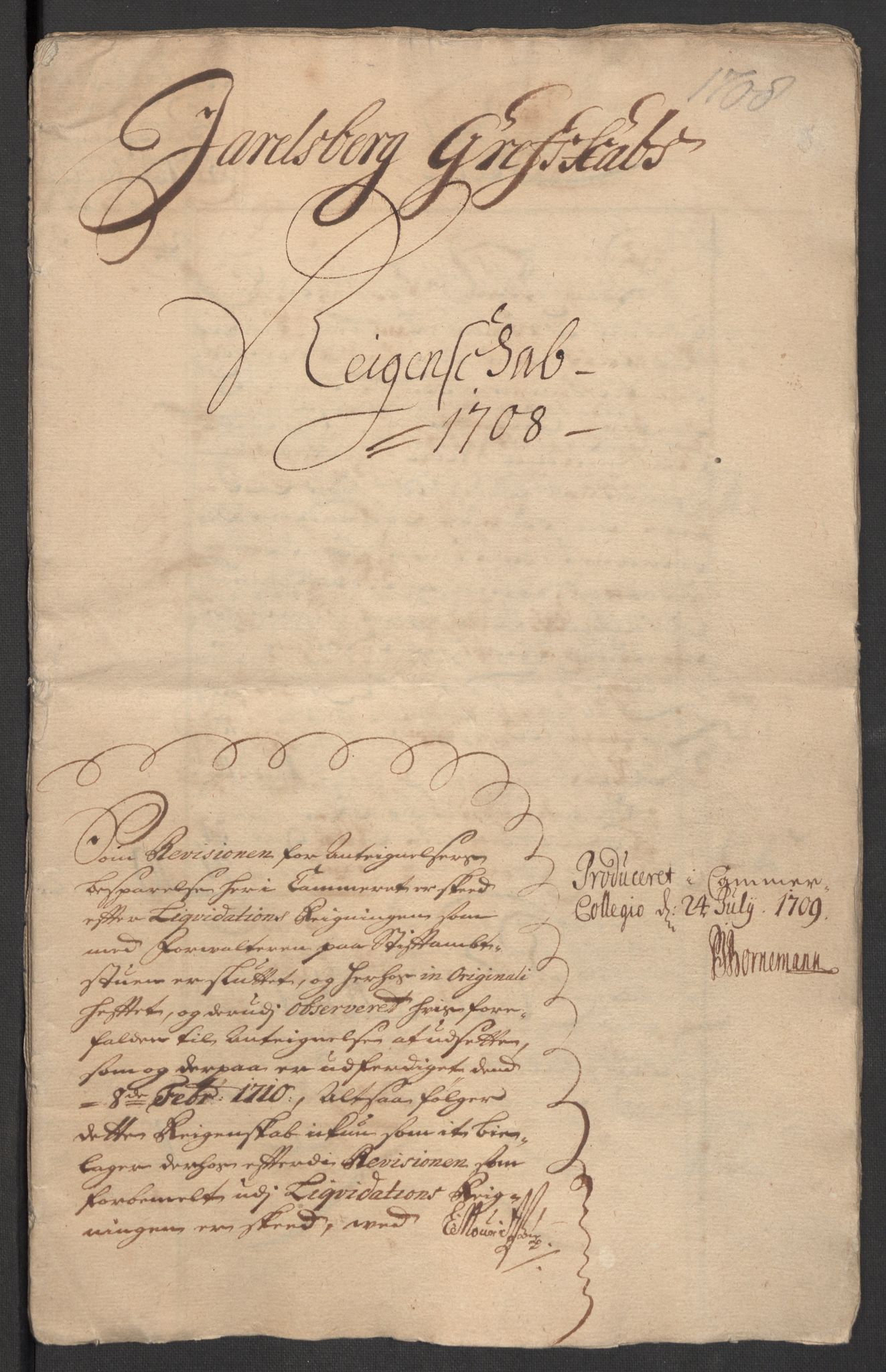Rentekammeret inntil 1814, Reviderte regnskaper, Fogderegnskap, RA/EA-4092/R32/L1873: Fogderegnskap Jarlsberg grevskap, 1708, s. 3