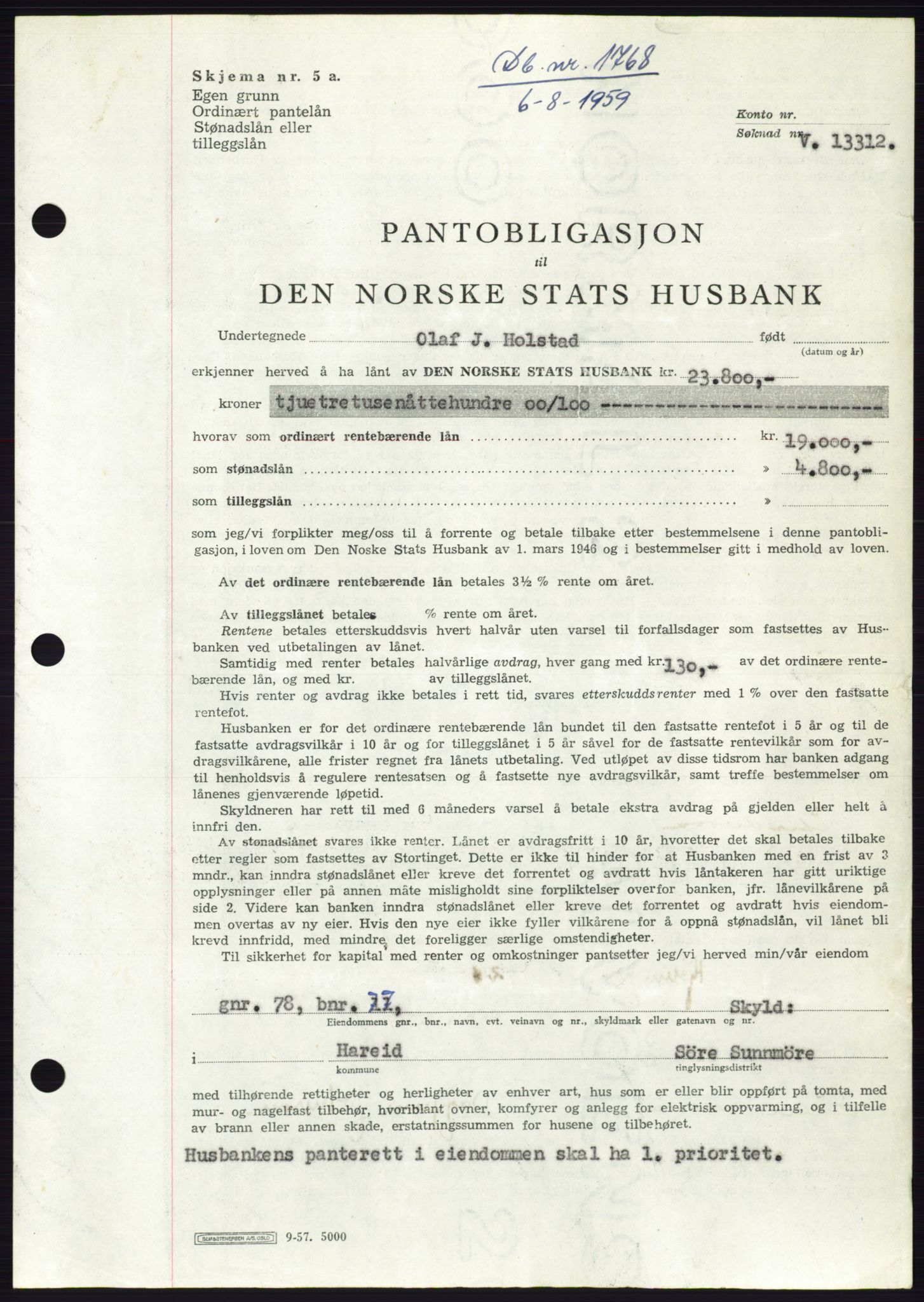 Søre Sunnmøre sorenskriveri, SAT/A-4122/1/2/2C/L0133: Pantebok nr. 21B, 1959-1959, Dagboknr: 1768/1959