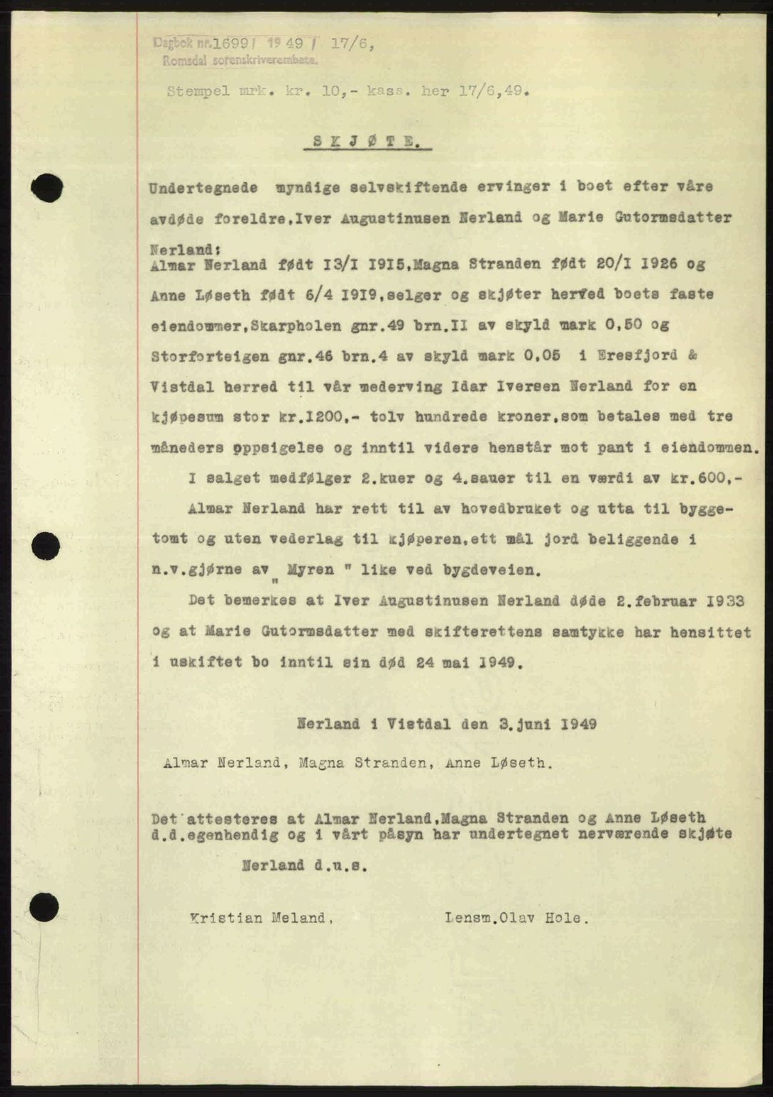 Romsdal sorenskriveri, SAT/A-4149/1/2/2C: Pantebok nr. A30, 1949-1949, Dagboknr: 1699/1949